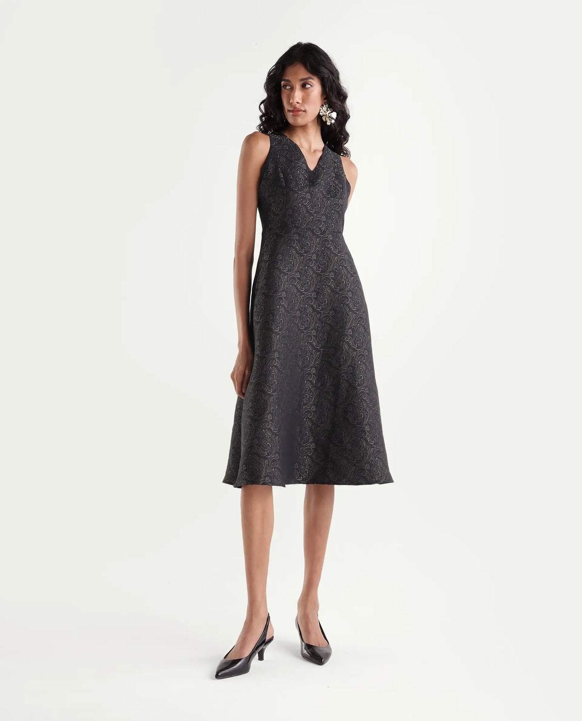 Rareism Womens Xebec Black Polyester Blend V-Neck Fit And Flare Jacquard Dress