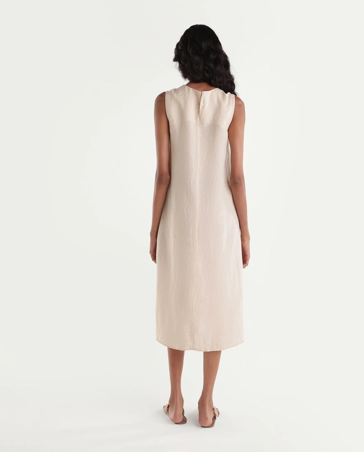 Rareism Women Lipez-T Light Beige 100% Linen Crew Neck Plain Shift Dress
