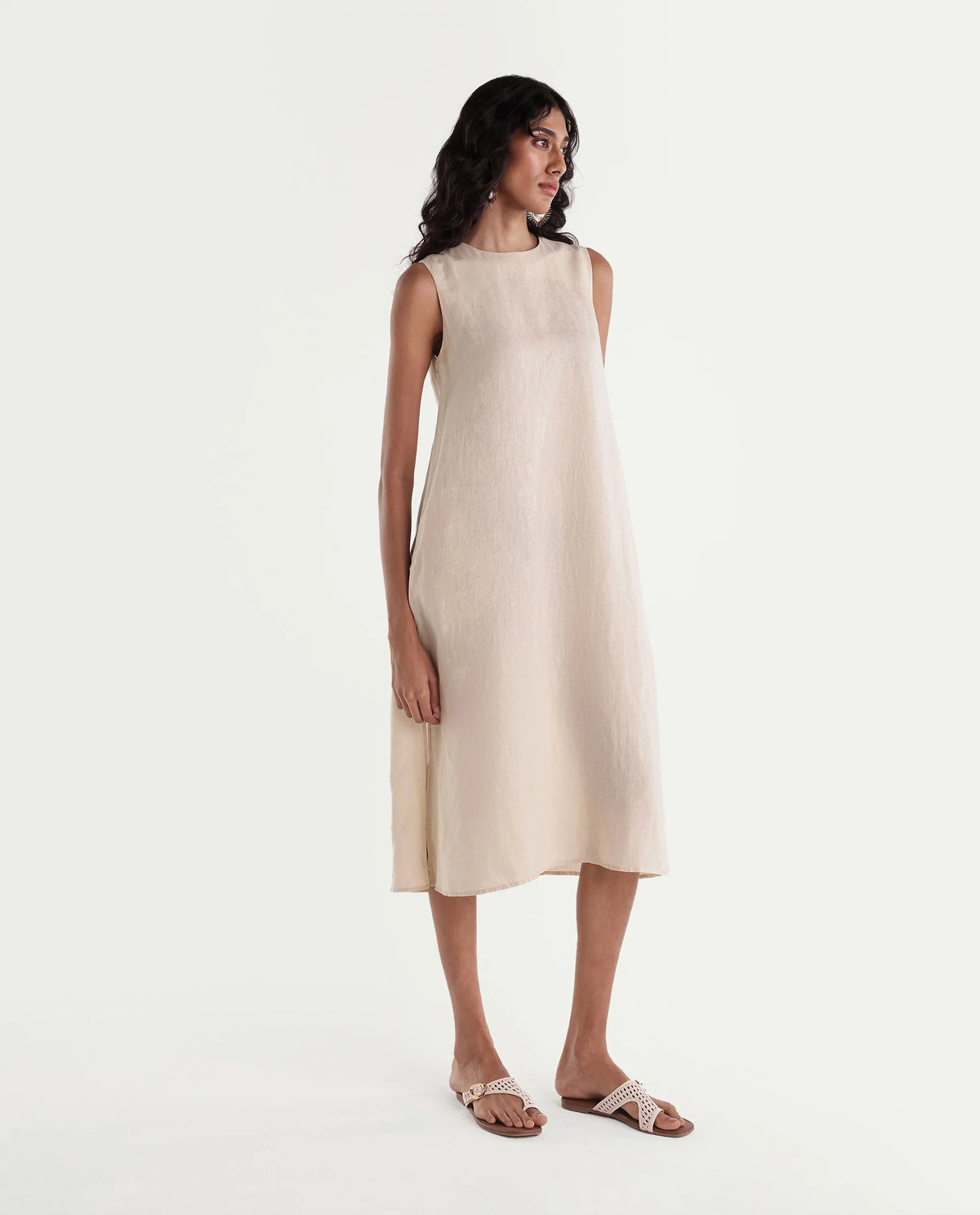 Rareism Women Lipez-T Light Beige 100% Linen Crew Neck Plain Shift Dress