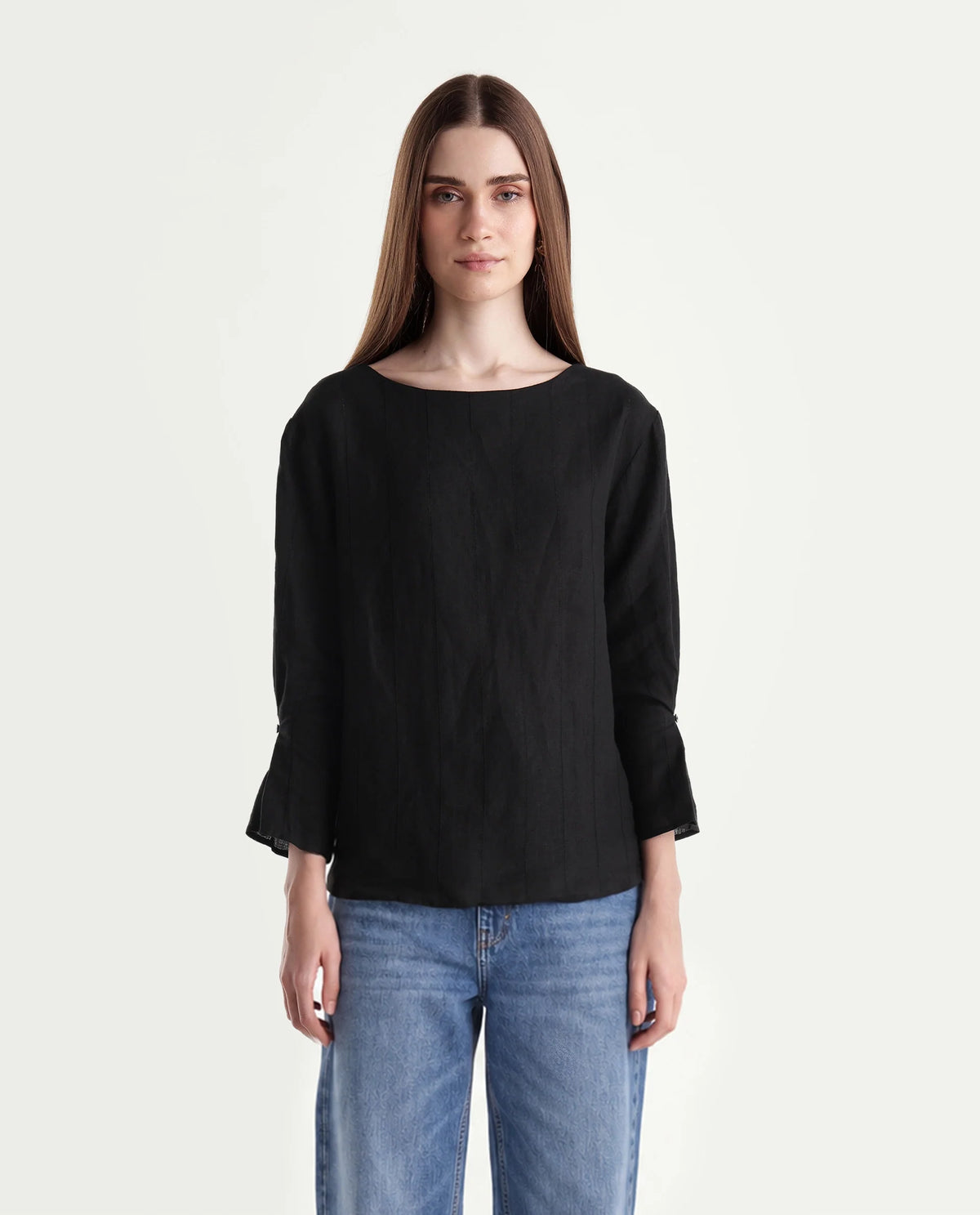 Rareism Women Leo Dark Black 100% Linen Boat Neck Plain Relaxed Top