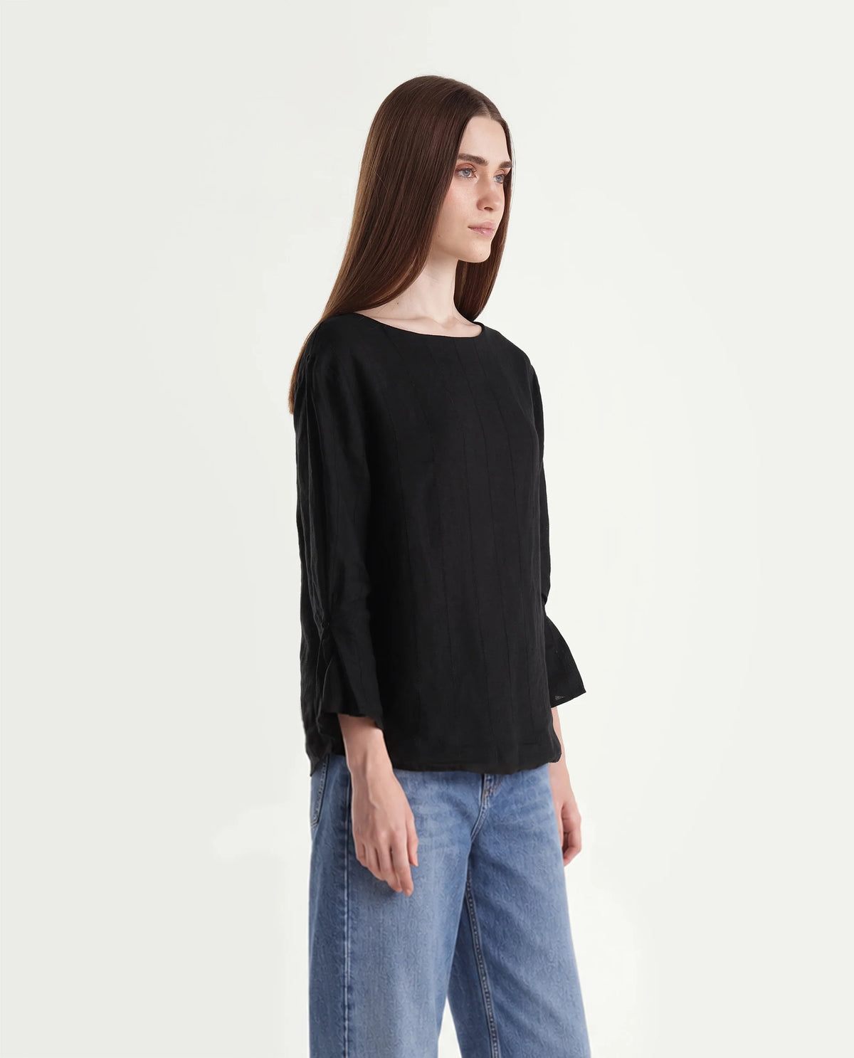 Rareism Women Leo Dark Black 100% Linen Boat Neck Plain Relaxed Top