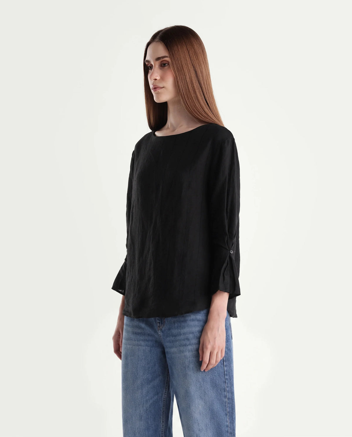 Rareism Women Leo Dark Black 100% Linen Boat Neck Plain Relaxed Top
