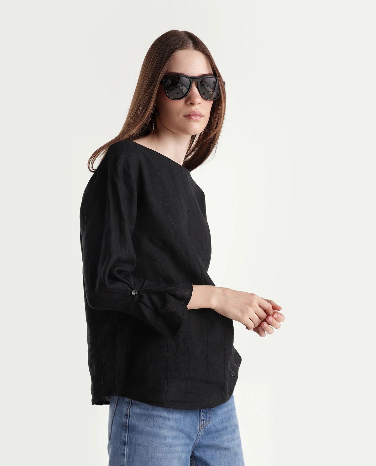 Rareism Women Leo Dark Black 100% Linen Boat Neck Plain Relaxed Top