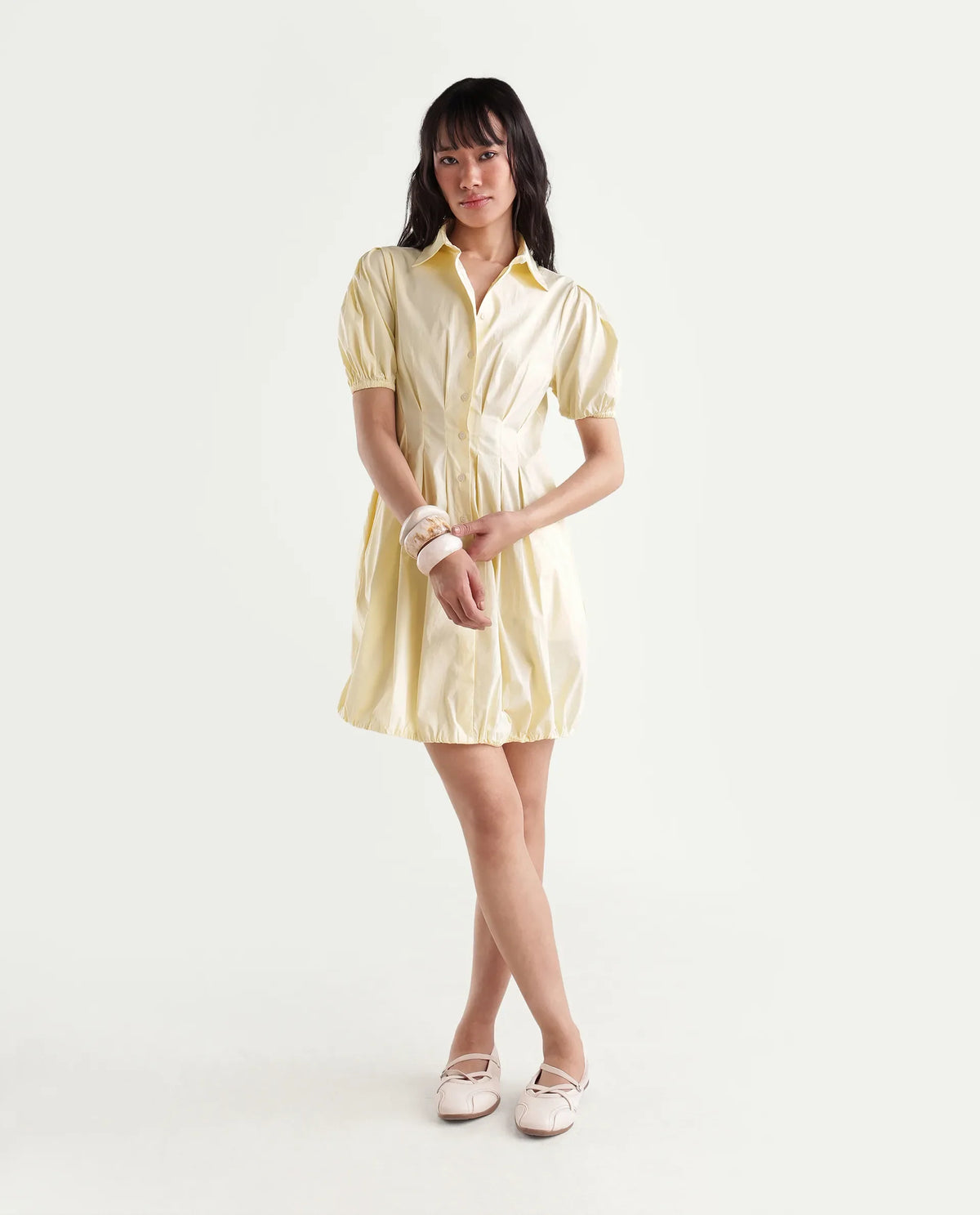 Rareism Women Onjug Primary Yellow Cotton Blend Spread Collar Plain Balloon Dress