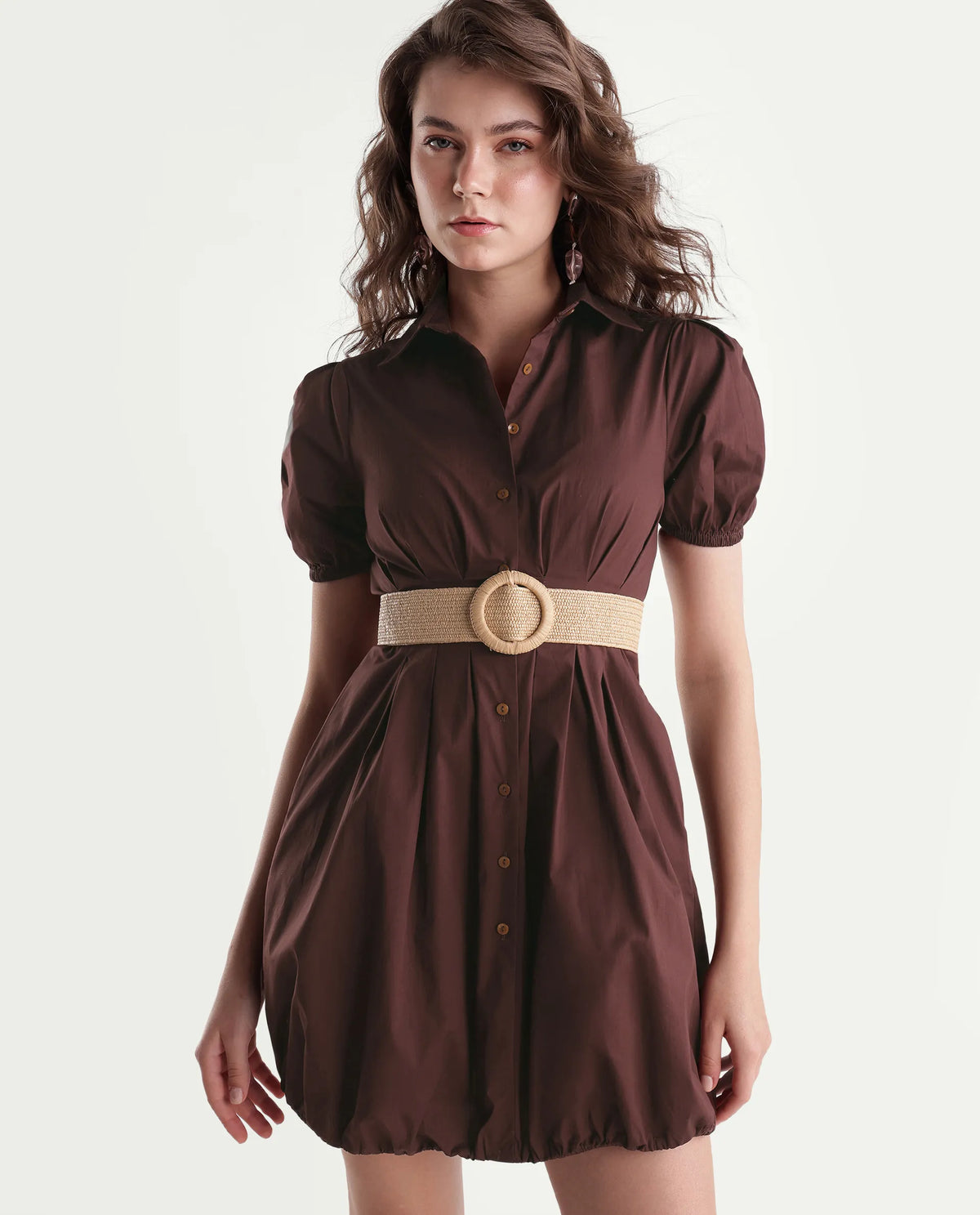 Rareism Women Onjug Primary Brown Cotton Blend Spread Collar Plain Balloon Dress