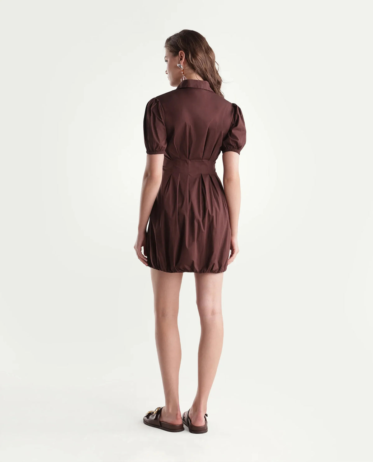 Rareism Women Onjug Primary Brown Cotton Blend Spread Collar Plain Balloon Dress
