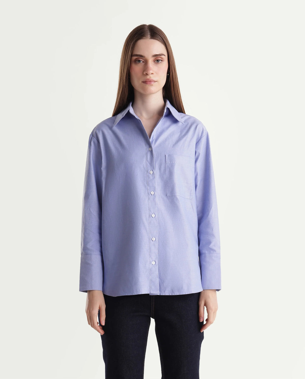 Rareism Women Onre Light Blue Cotton Blend Spread Collar Plain Regular Shirt