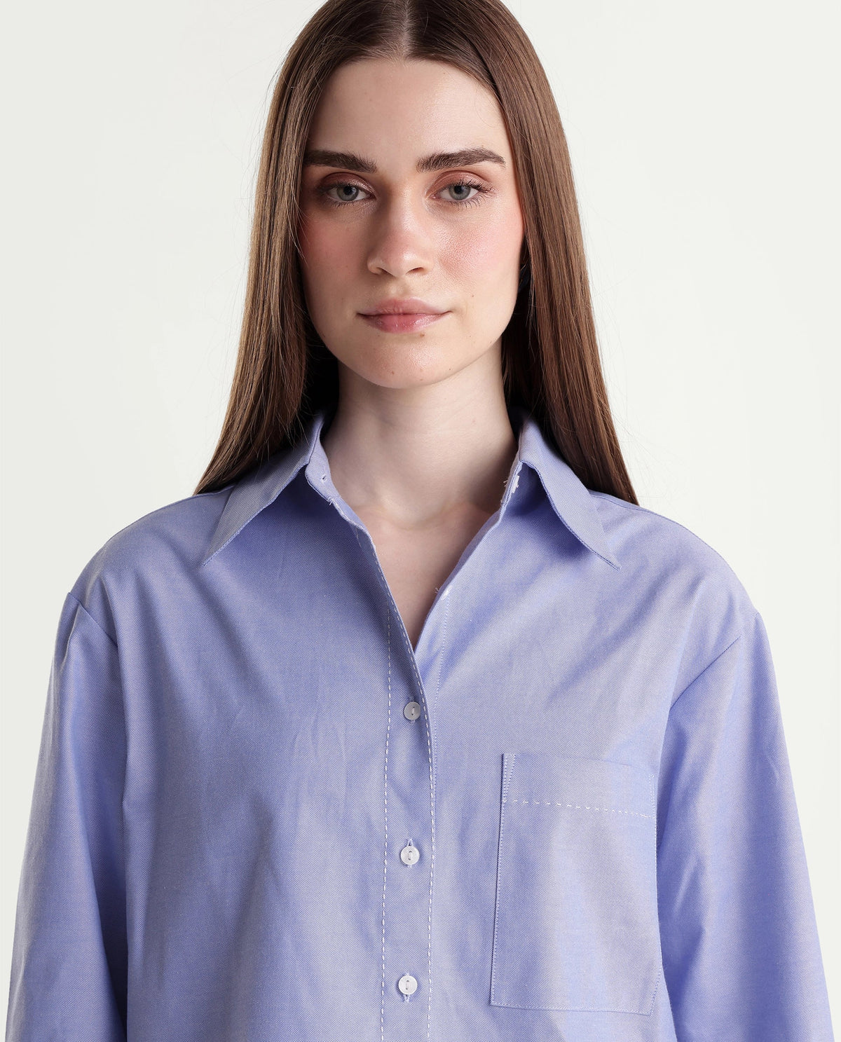 Rareism Women Onre Light Blue Cotton Blend Spread Collar Plain Regular Shirt