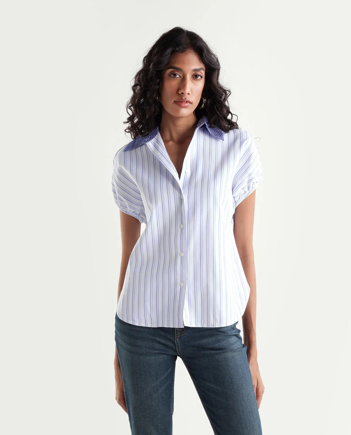 Rareism Women Onti Primary Off White Polyester Blend Spread Collar Striped Regular Shirt