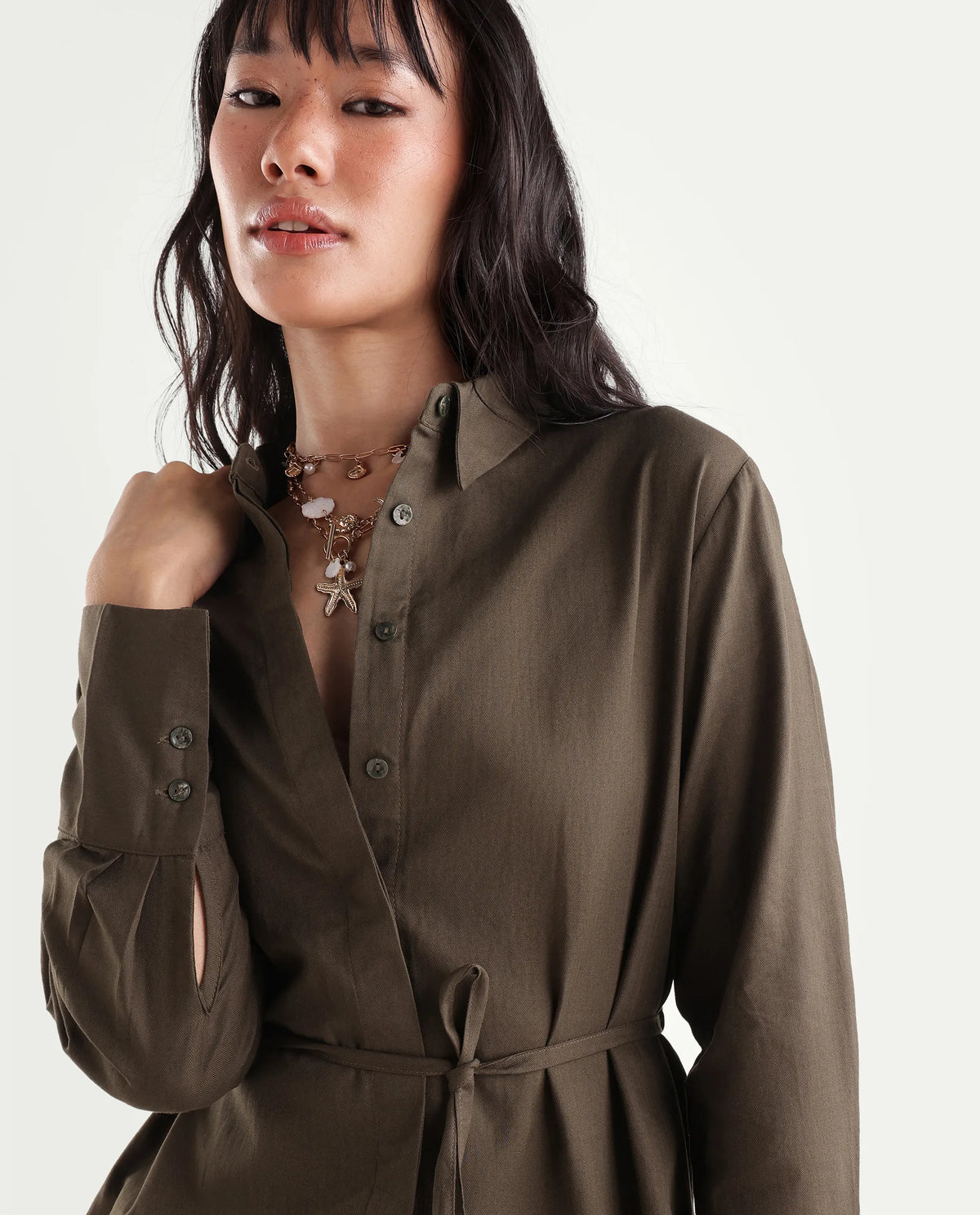 Rareism Women Onwop-T Primary Olive Cotton Spread Collar Plain Fitted Shirt