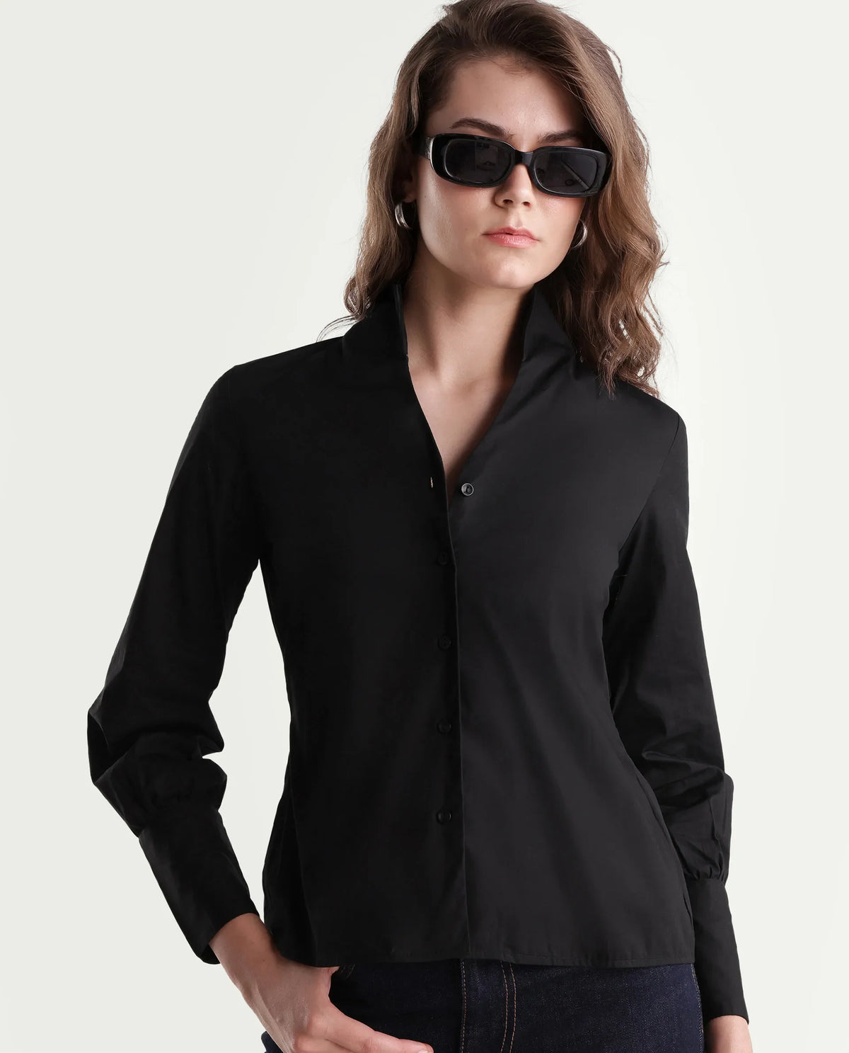 Rareism Women Onwynd Primary Black Cotton Blend Stand Collar Plain Regular Shirt