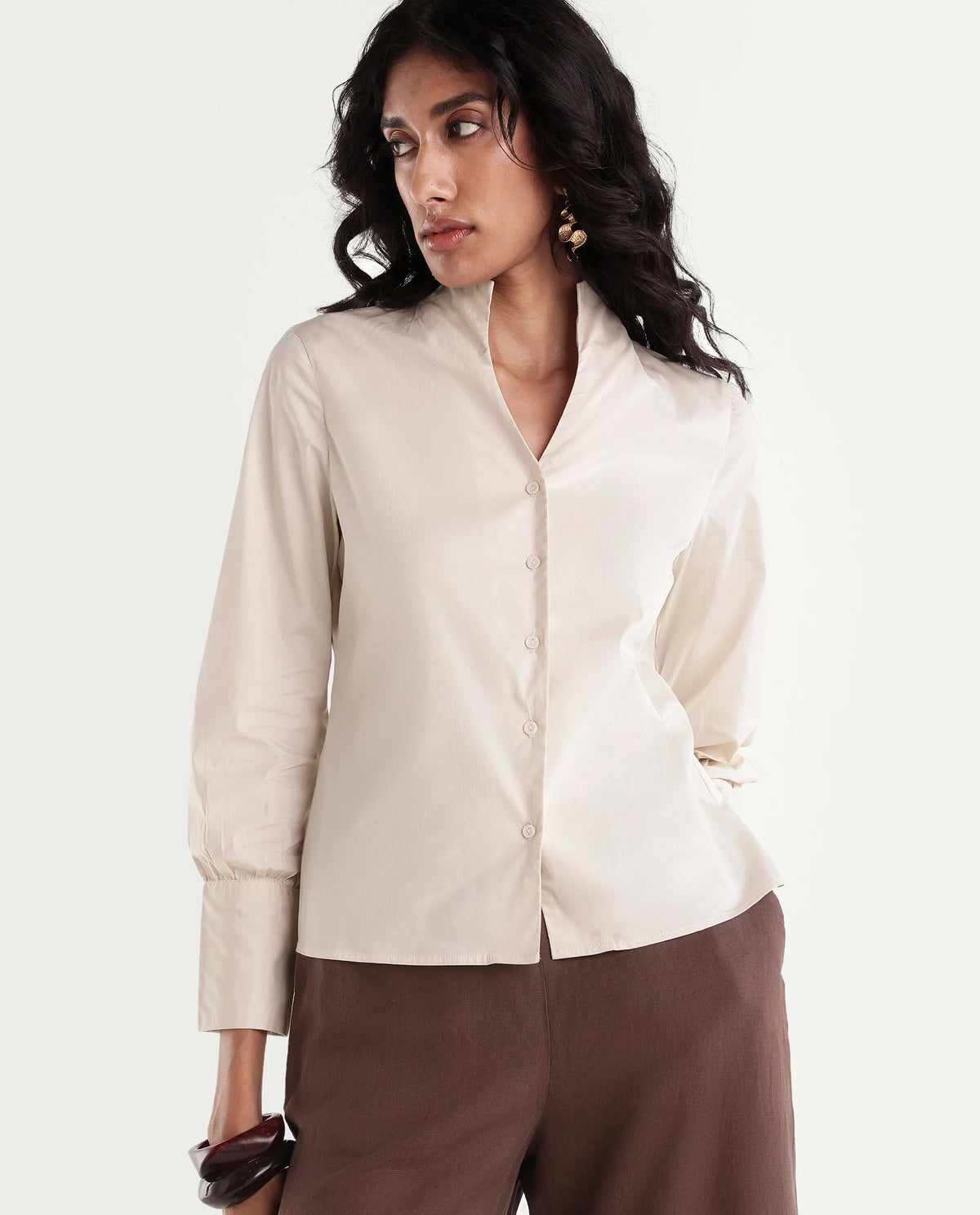 Rareism Women Onwynd Primary Beige Cotton Blend Stand Collar Plain Regular Shirt