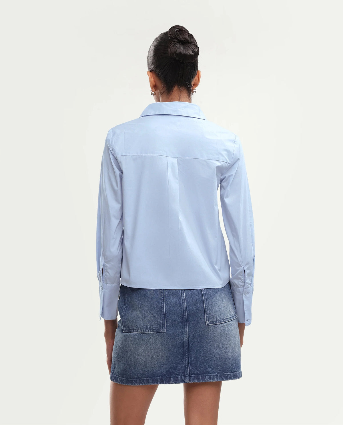 Rareism Women Onwrop Light Blue Cotton Blend Spread Collar Plain Regular Shirt