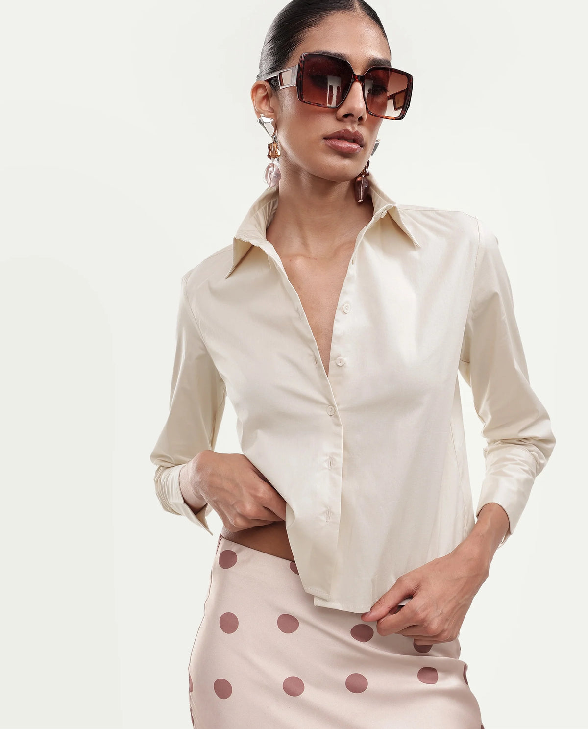 Rareism Women Onwrop Primary Beige Cotton Blend Spread Collar Plain Regular Shirt