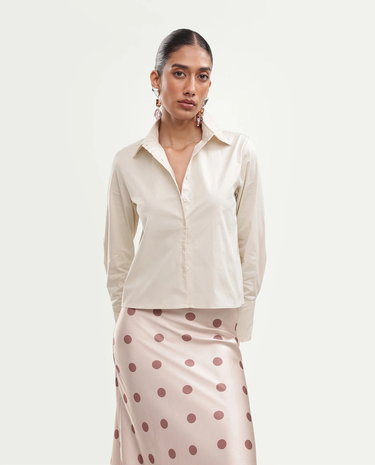 Rareism Women Onwrop Primary Beige Cotton Blend Spread Collar Plain Regular Shirt