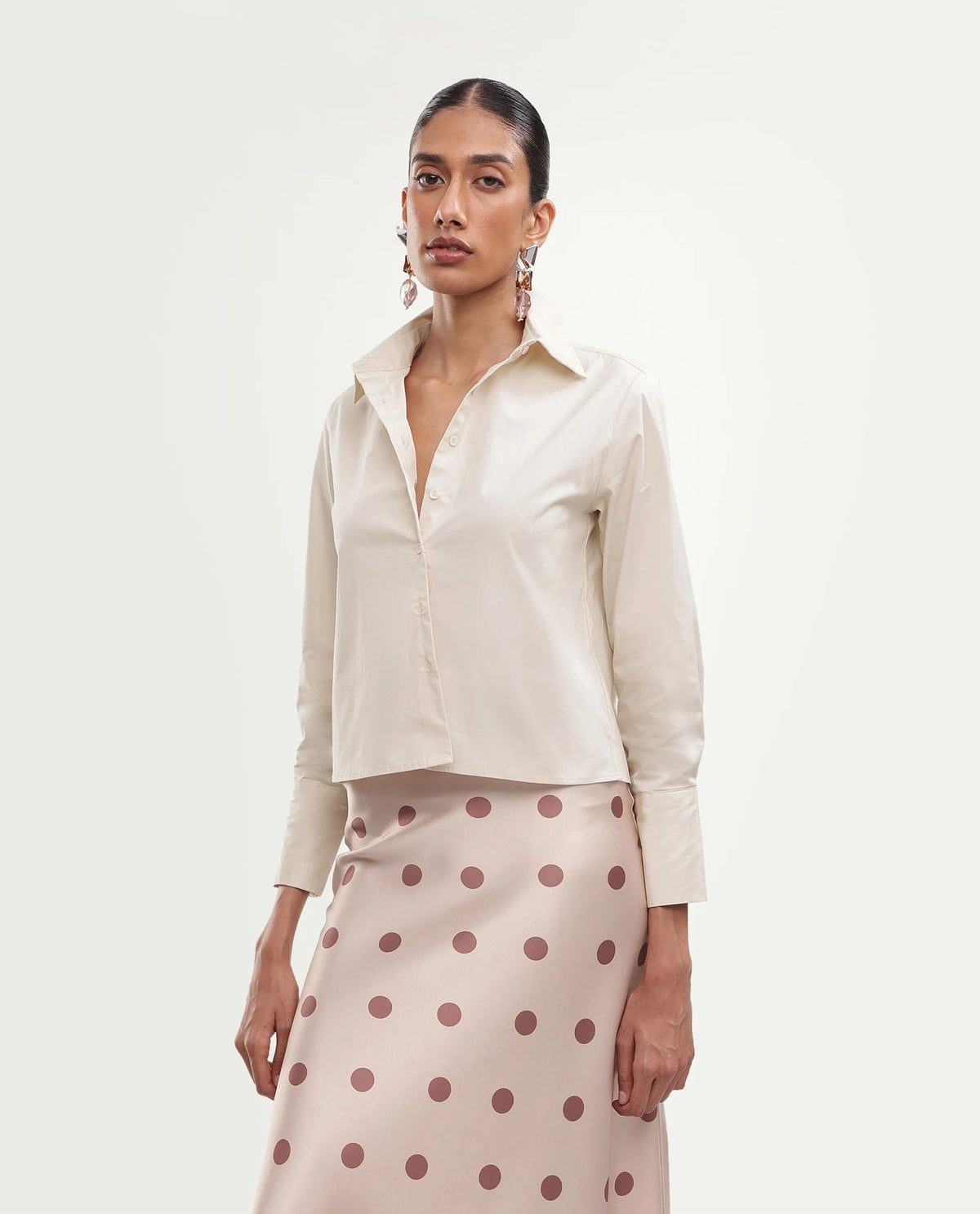 Rareism Women Onwrop Primary Beige Cotton Blend Spread Collar Plain Regular Shirt