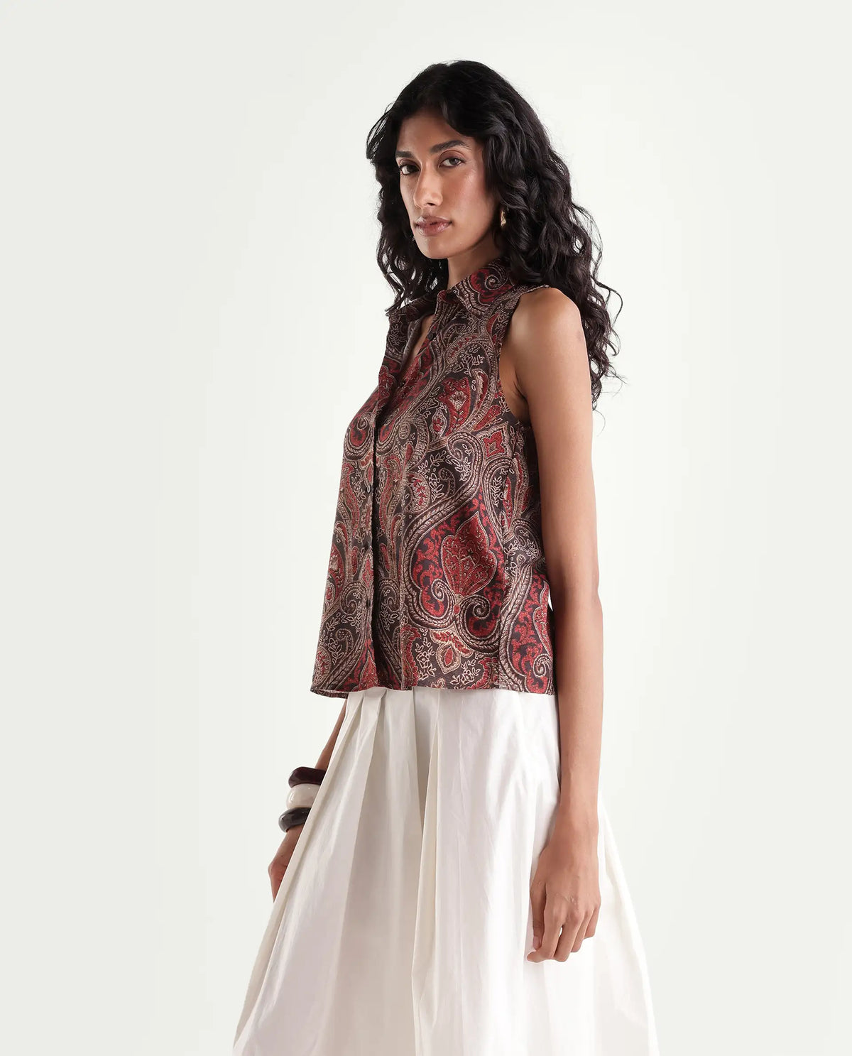 Rareism Womens Hellow Red Viscose Spread Collar Regular Paisley Print Top