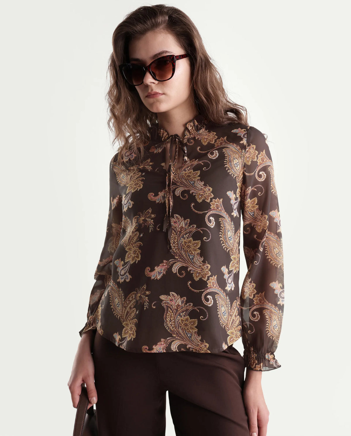 Rareism Womens Onfit Brown Polyester Regular Paisley Print Top