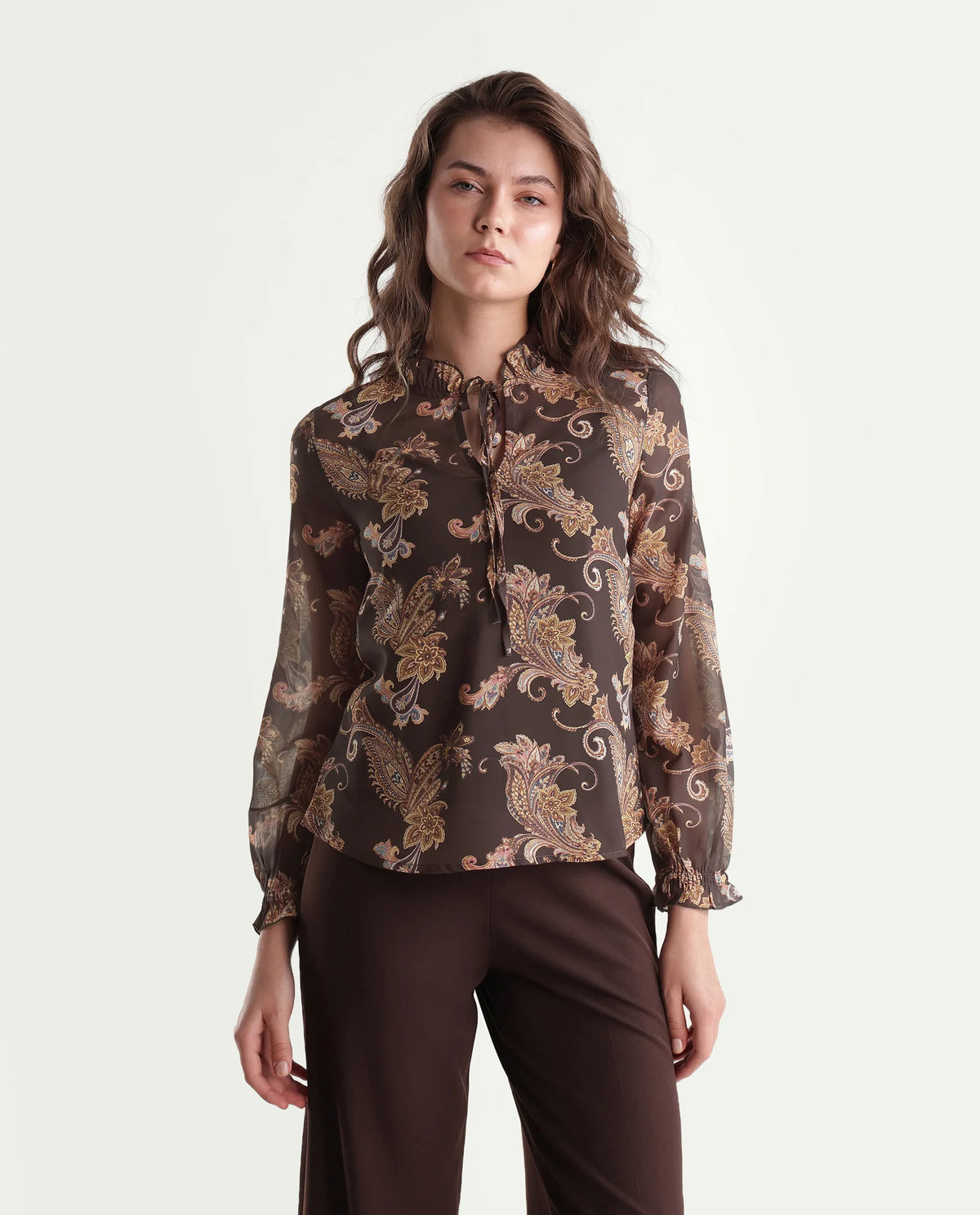 Rareism Womens Onfit Brown Polyester Regular Paisley Print Top