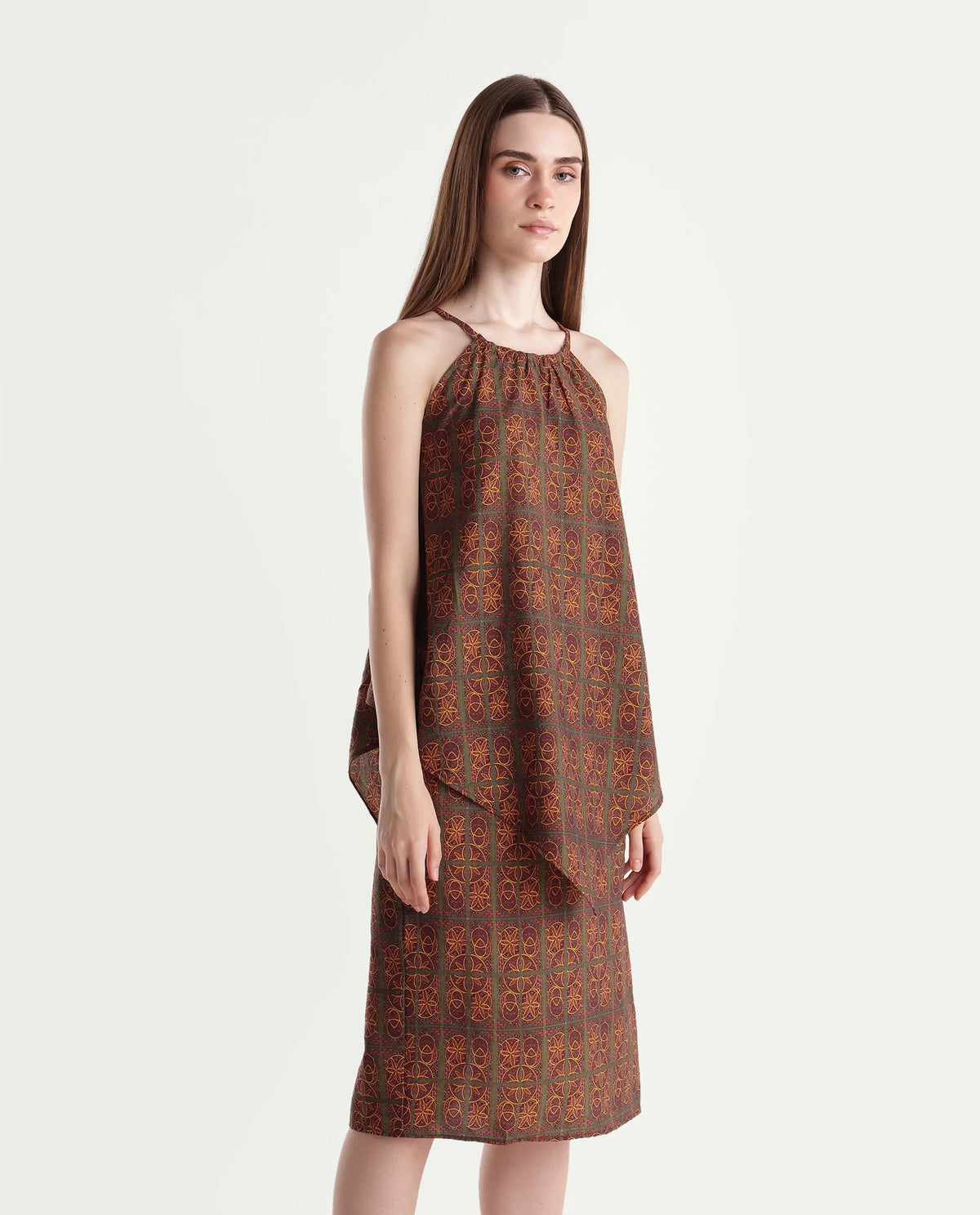 Rareism Womens Onfoj Mustard Viscose Blend Swing Ornamental Print Top