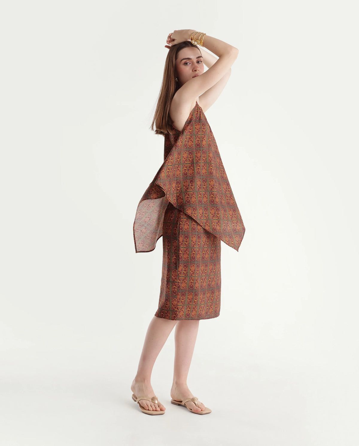 Rareism Womens Onfoj Mustard Viscose Blend Swing Ornamental Print Top