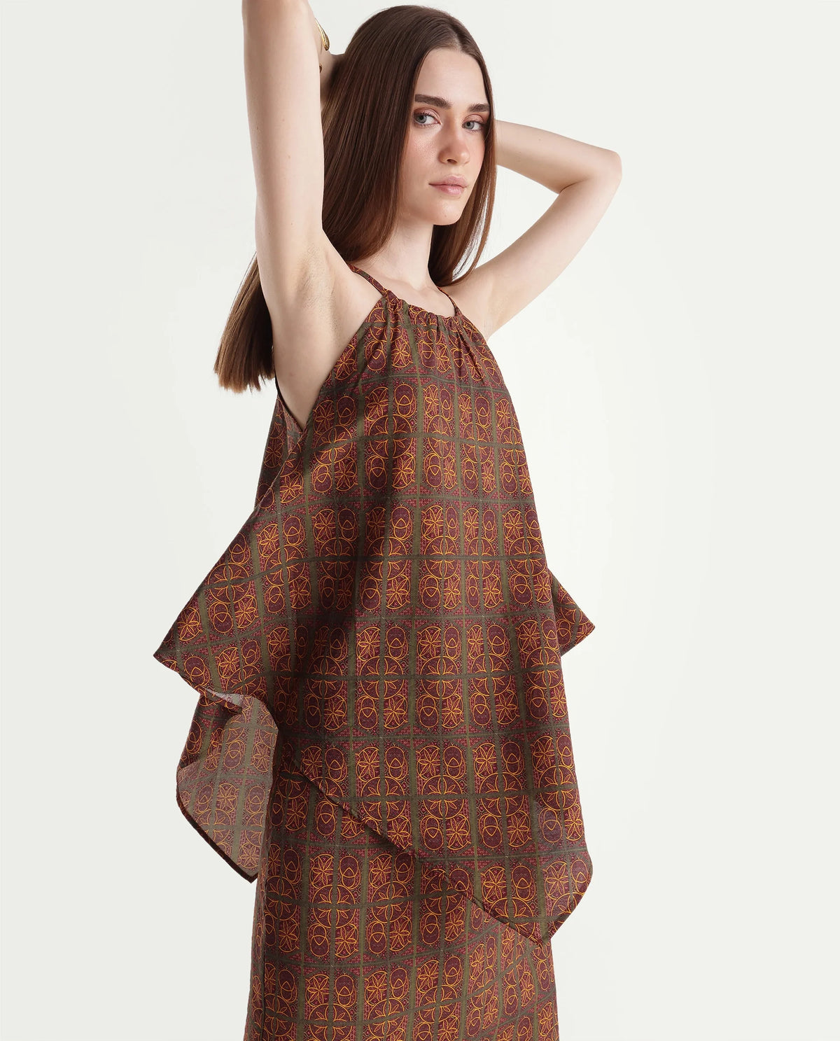 Rareism Womens Onfoj Mustard Viscose Blend Swing Ornamental Print Top