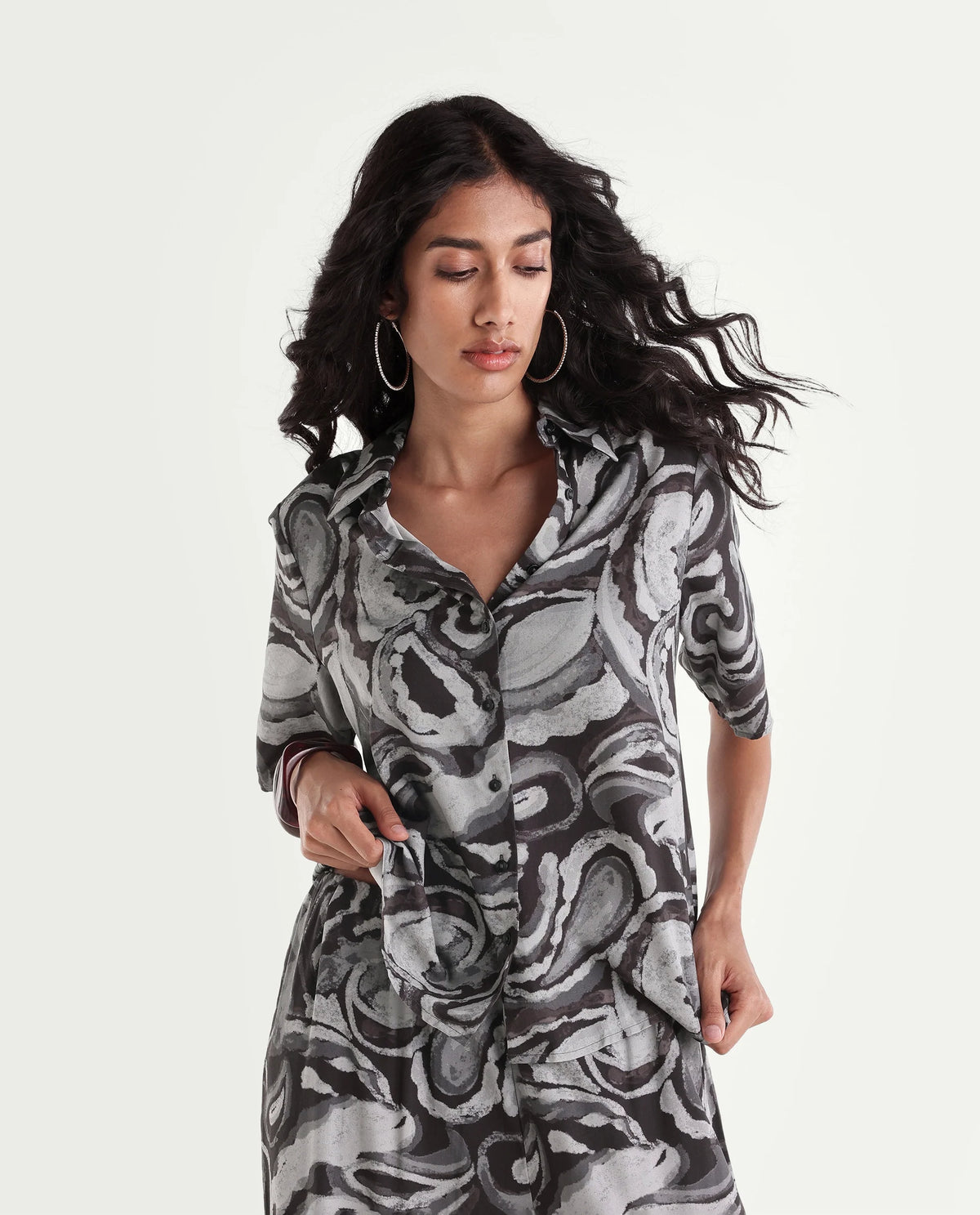 Rareism Womens Hacker Black Viscose Spread Collar Regular Abstract Print Shirt