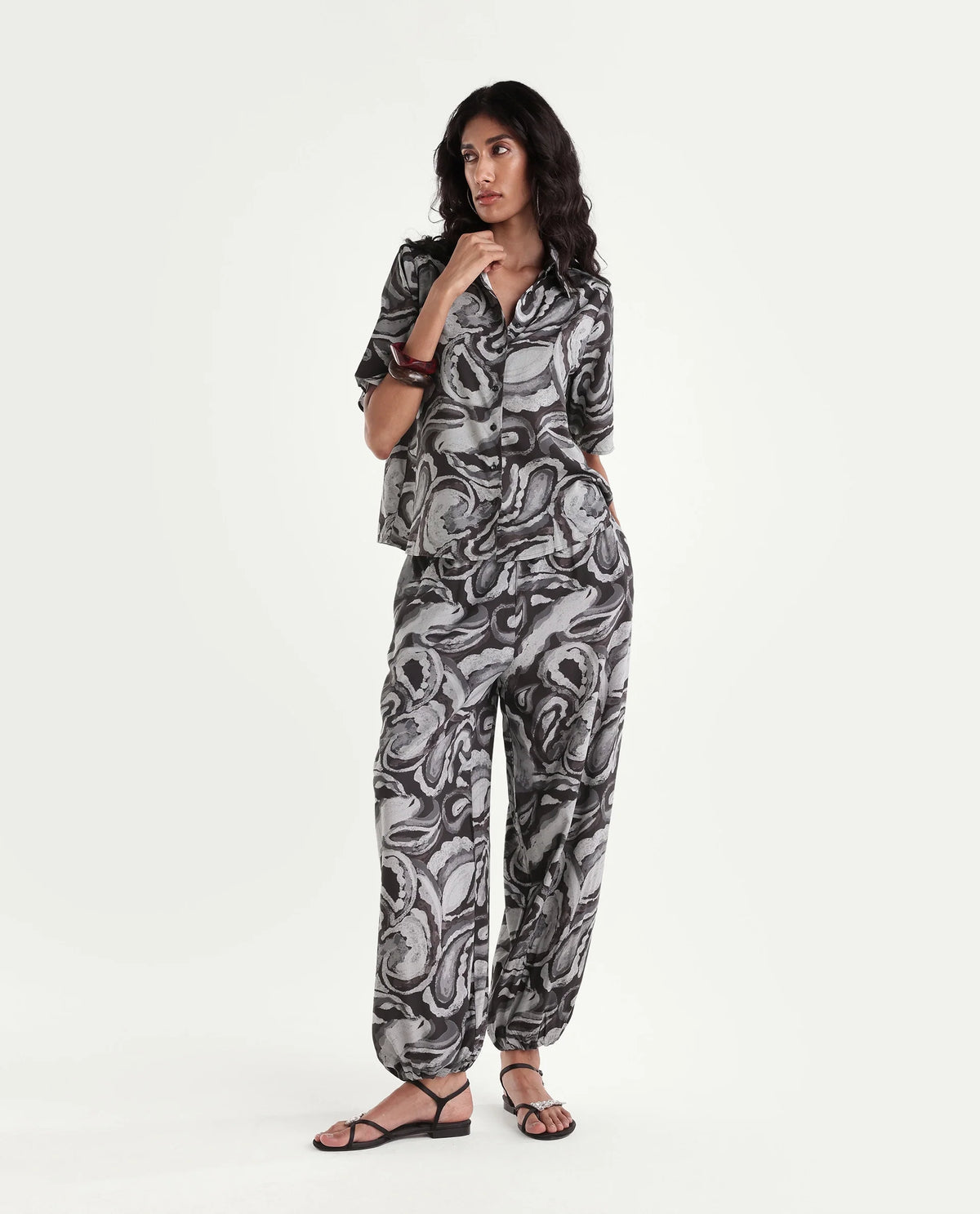Rareism Womens Hacker Black Viscose Spread Collar Regular Abstract Print Shirt