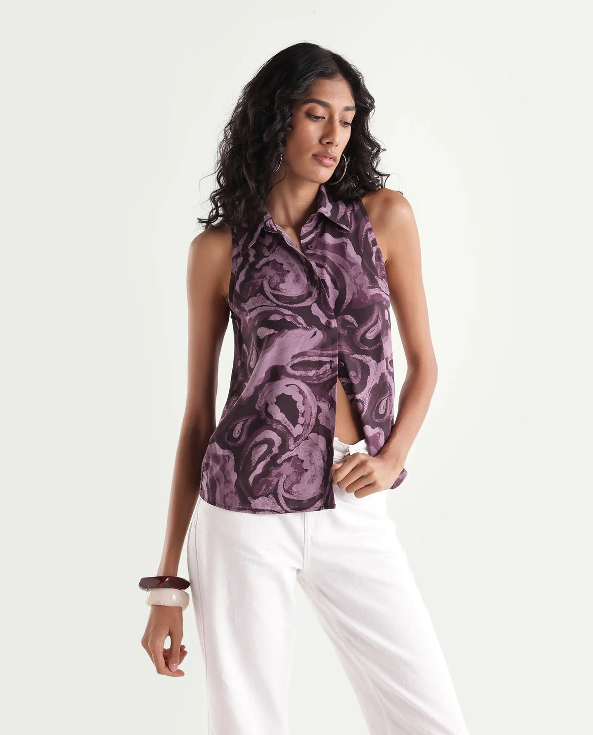 Rareism Womens Hammero Dark Purple Viscose Spread Collar Regular Abstract Print Shirt