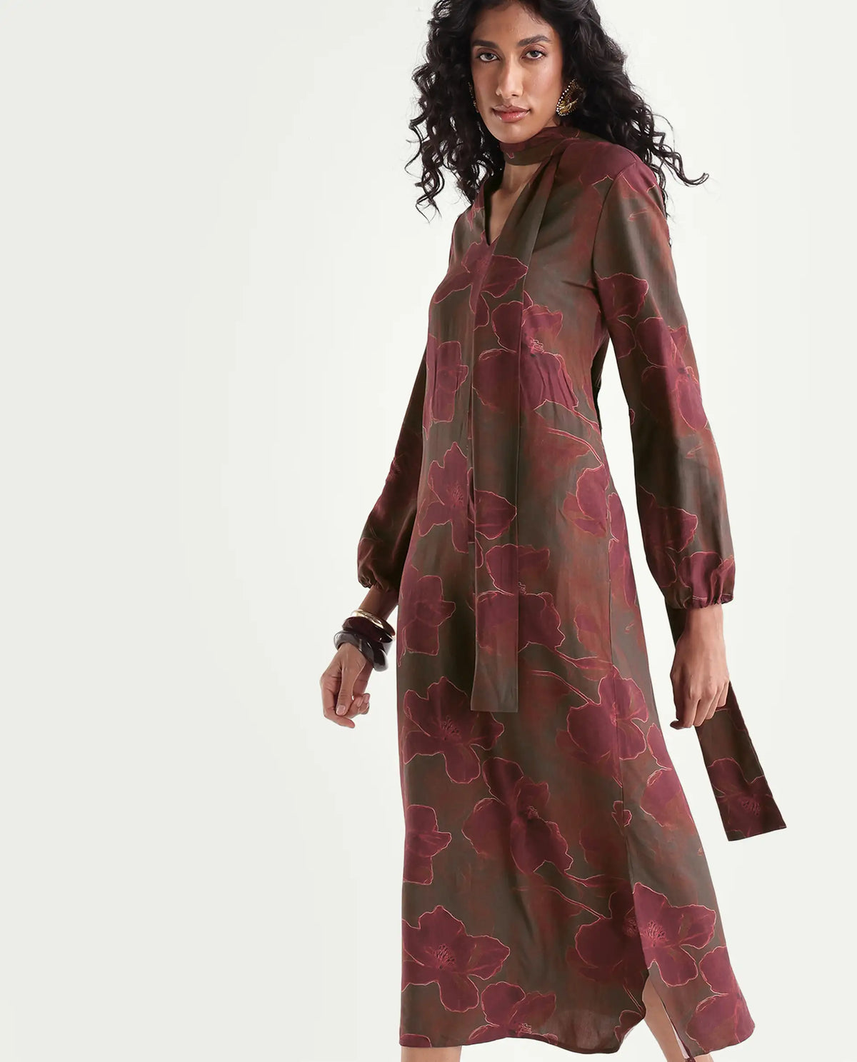 Rareism Womens Huke Dark Olive Viscose Tie-Up A-Line Abstract Print Dress