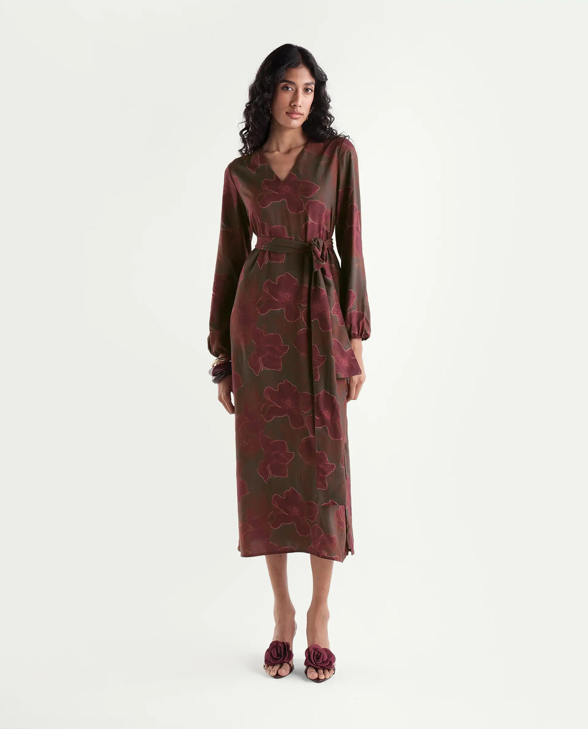 Rareism Womens Huke Dark Olive Viscose Tie-Up A-Line Abstract Print Dress