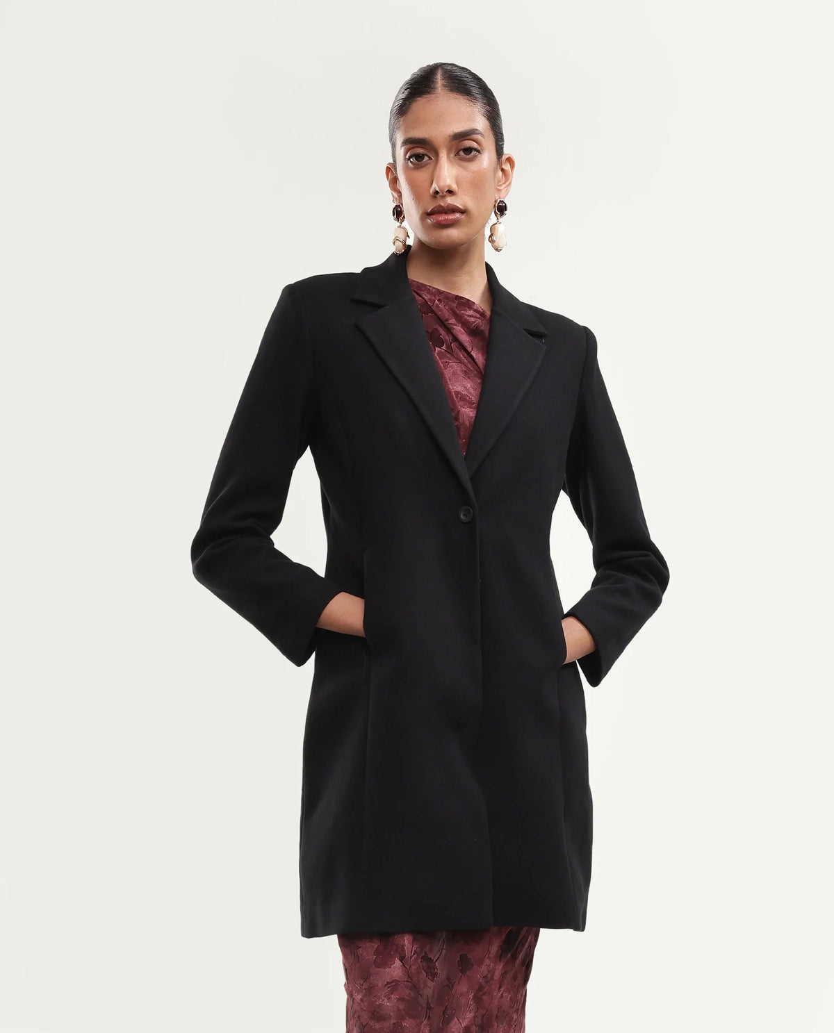 Rareism Womens Kore Black Polyester Blend Button Regular Plain Coat