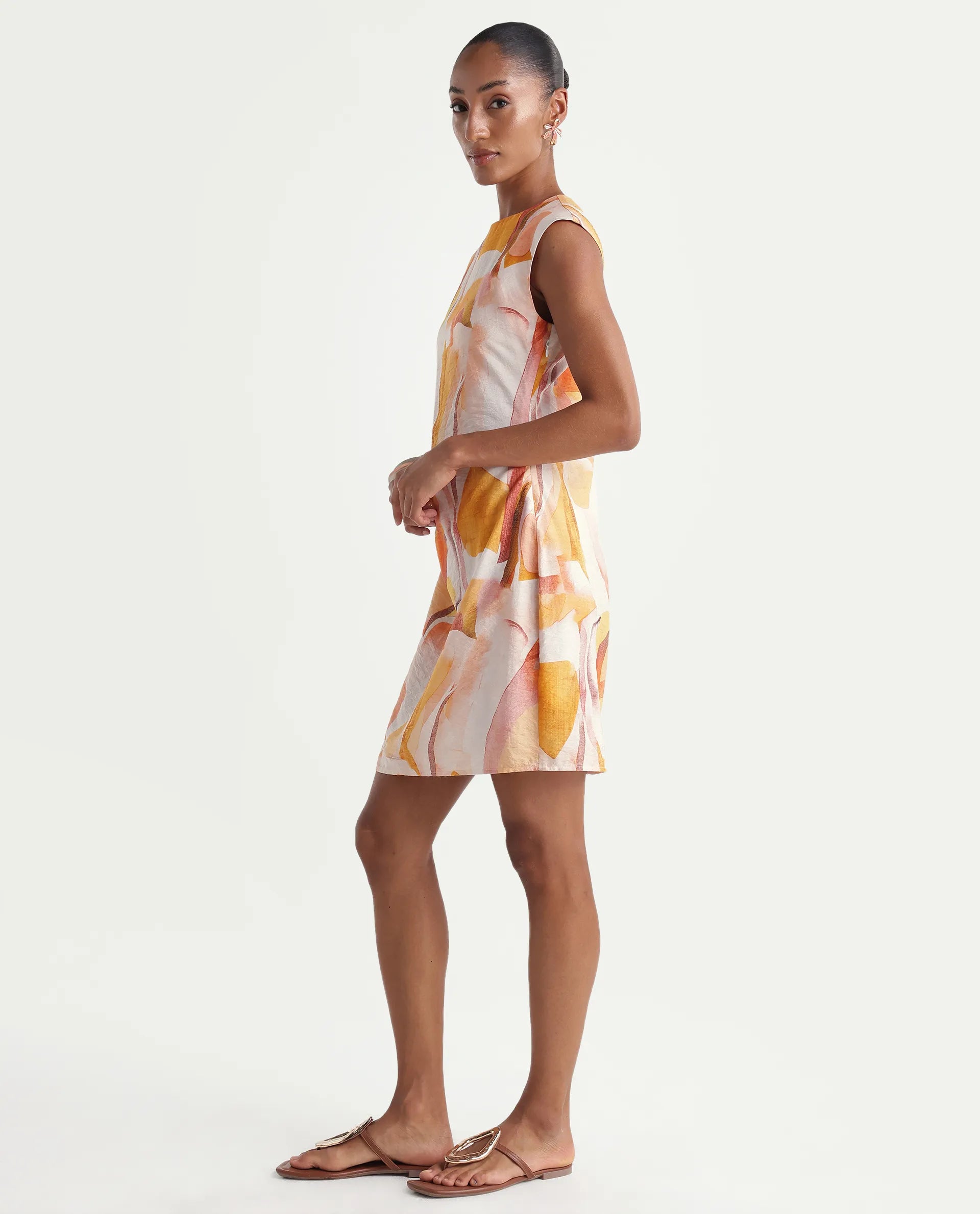 Rareism Women's Ruca Multi Viscose Blend Crew Neck Fitted Printed Dress