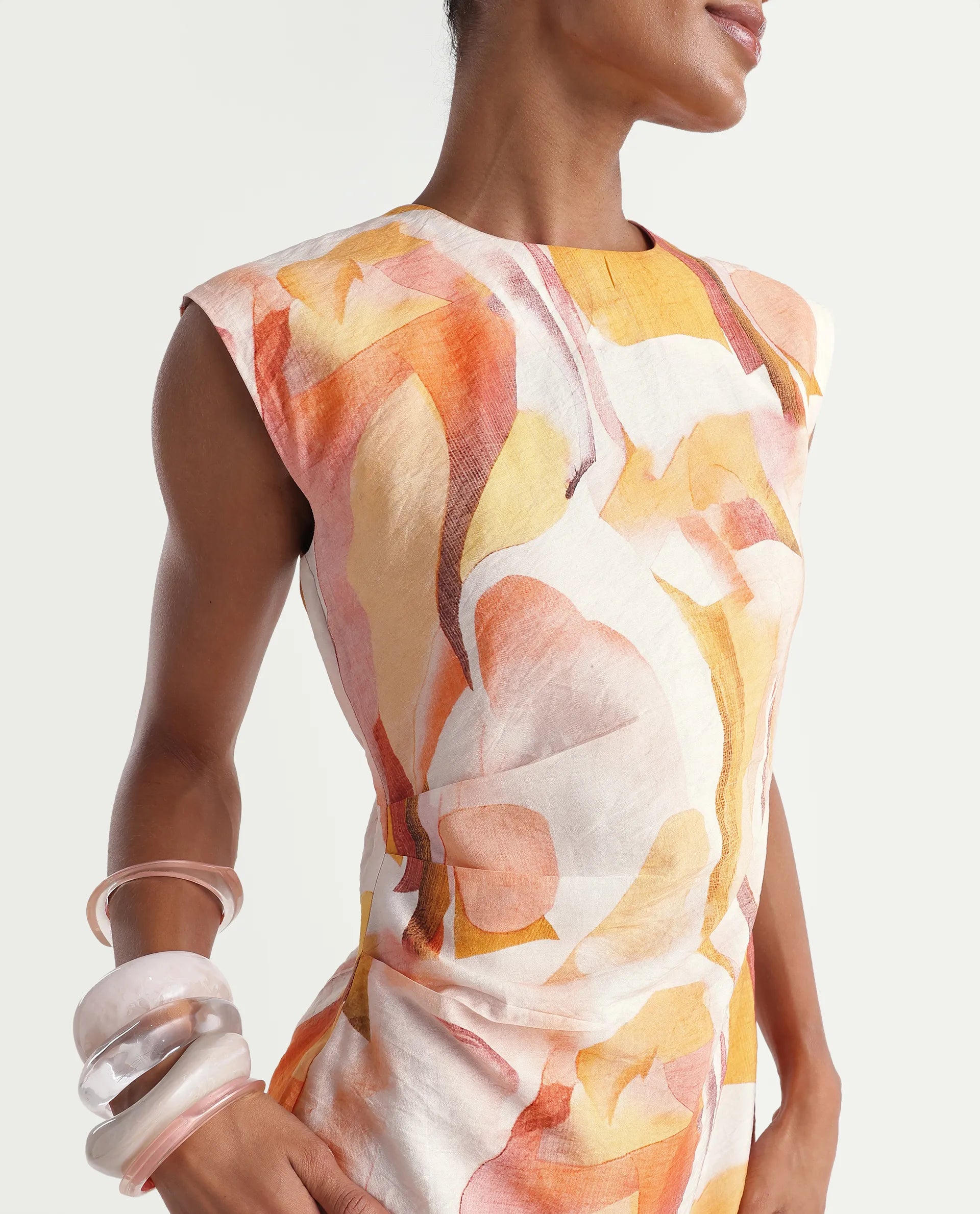 Rareism Women's Ruca Multi Viscose Blend Crew Neck Fitted Printed Dress