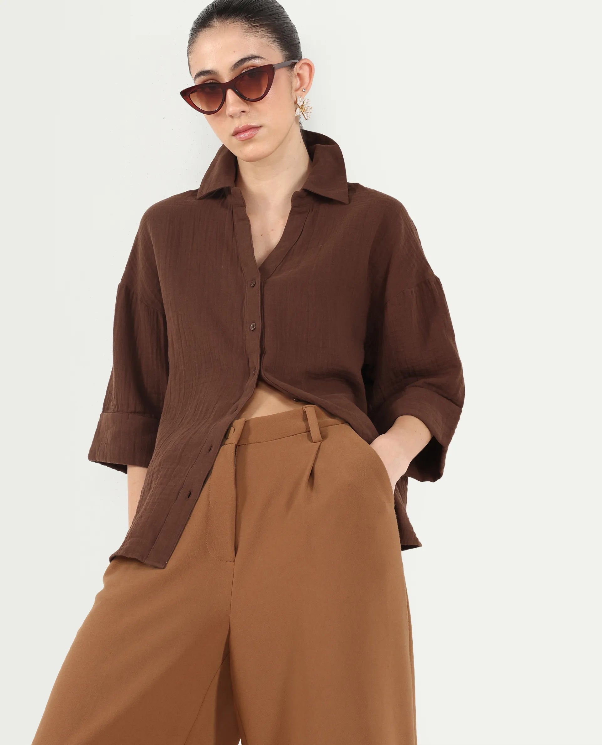 Rareism Women's Rudoc-T Brown Cotton Johnny Collar Oversized Plain Shirt