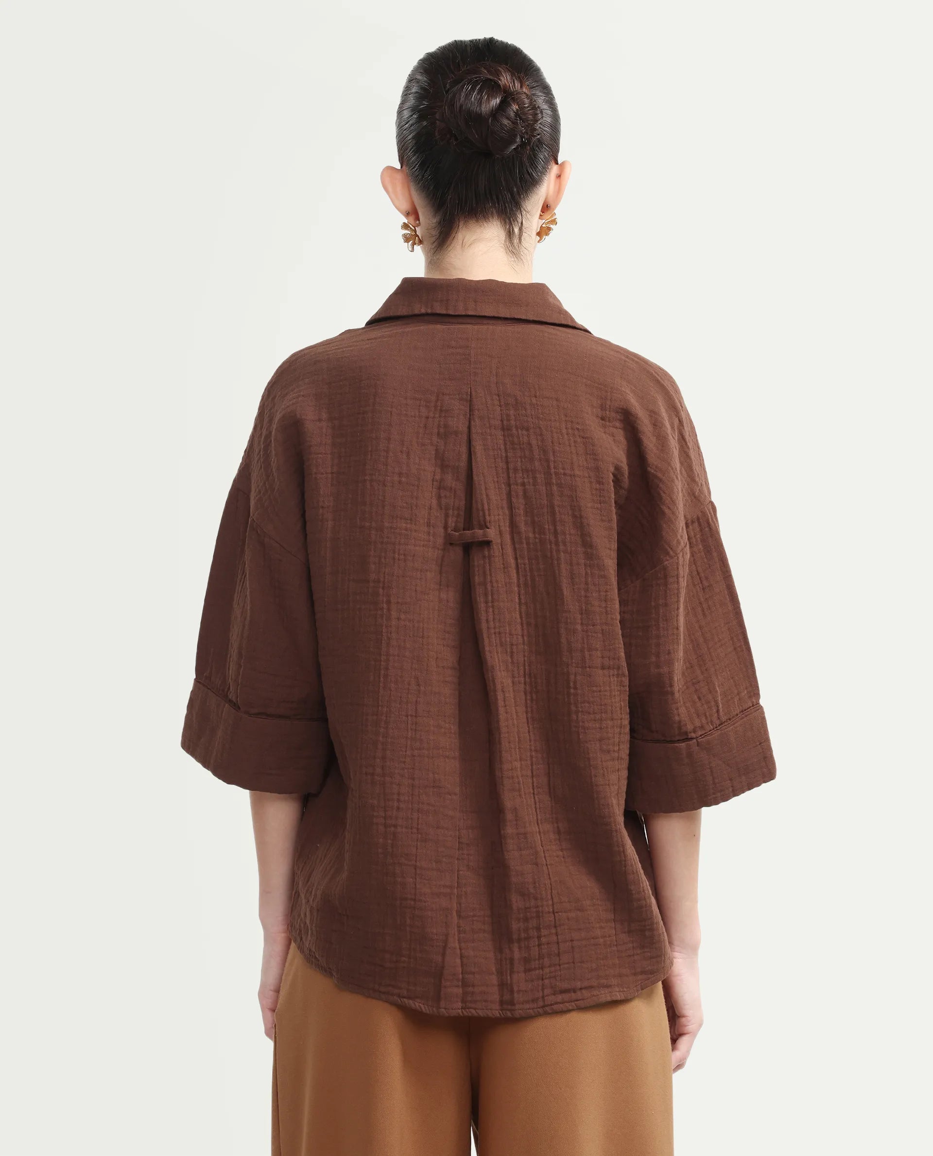 Rareism Women's Rudoc-T Brown Cotton Johnny Collar Oversized Plain Shirt