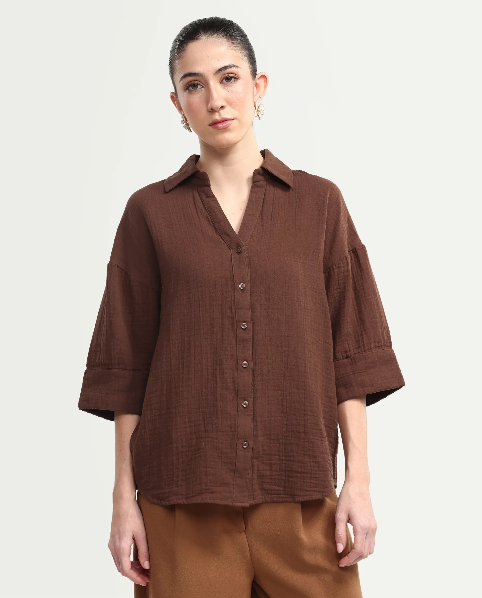 Rareism Women's Rudoc-T Brown Cotton Johnny Collar Oversized Plain Shirt