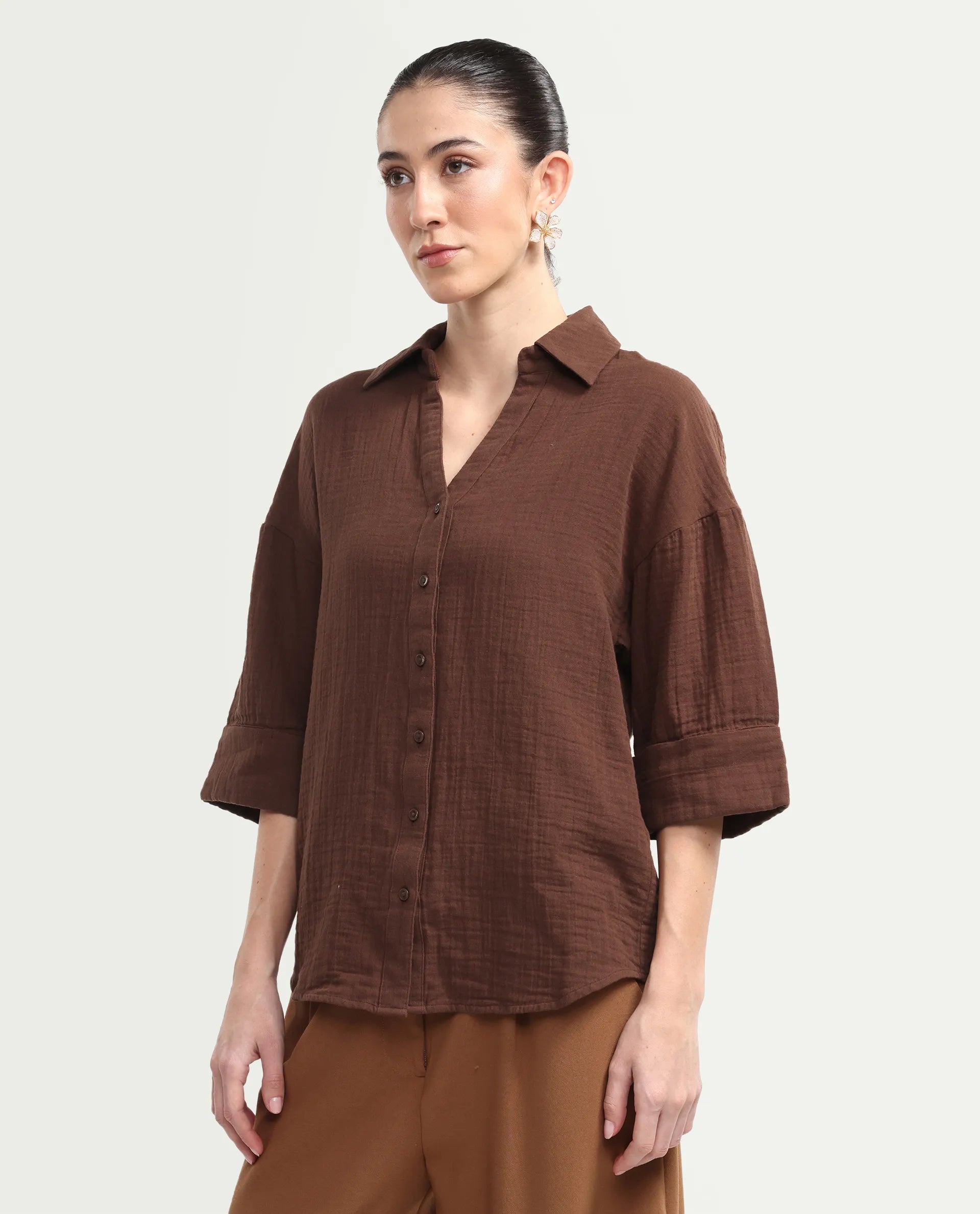 Rareism Women's Rudoc-T Brown Cotton Johnny Collar Oversized Plain Shirt