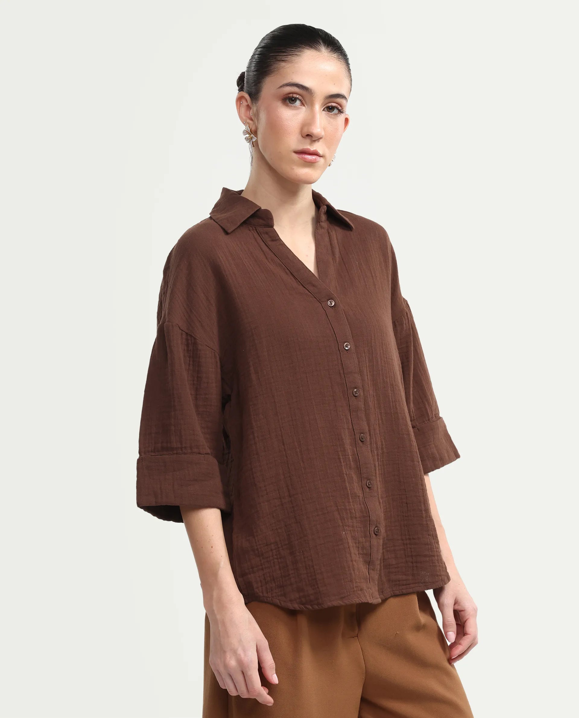 Rareism Women's Rudoc-T Brown Cotton Johnny Collar Oversized Plain Shirt