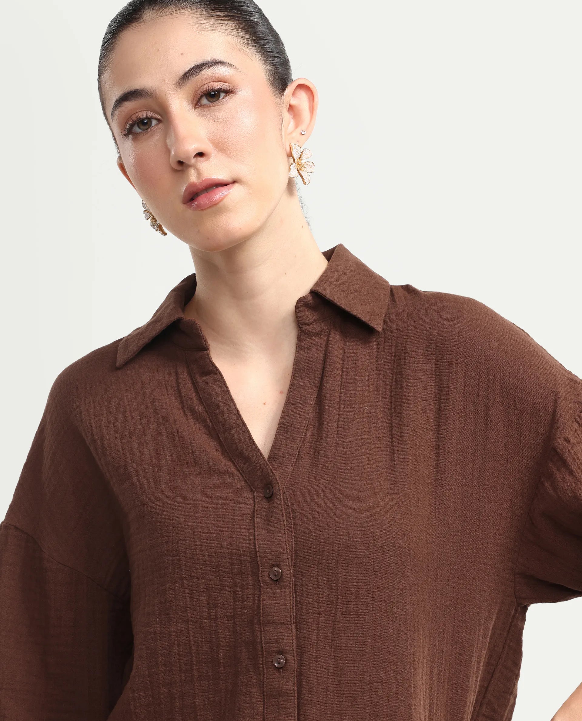 Rareism Women's Rudoc-T Brown Cotton Johnny Collar Oversized Plain Shirt