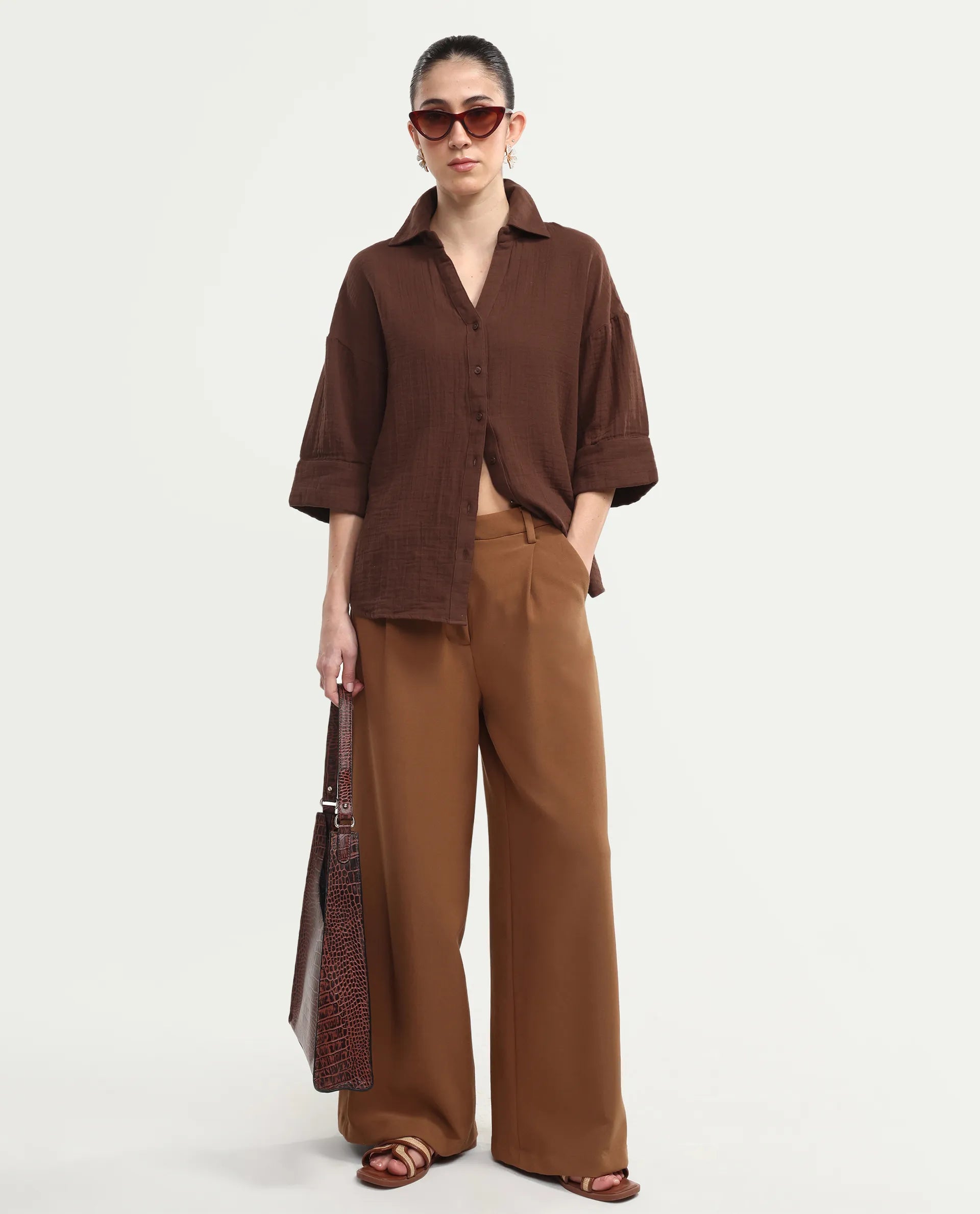 Rareism Women's Rudoc-T Brown Cotton Johnny Collar Oversized Plain Shirt