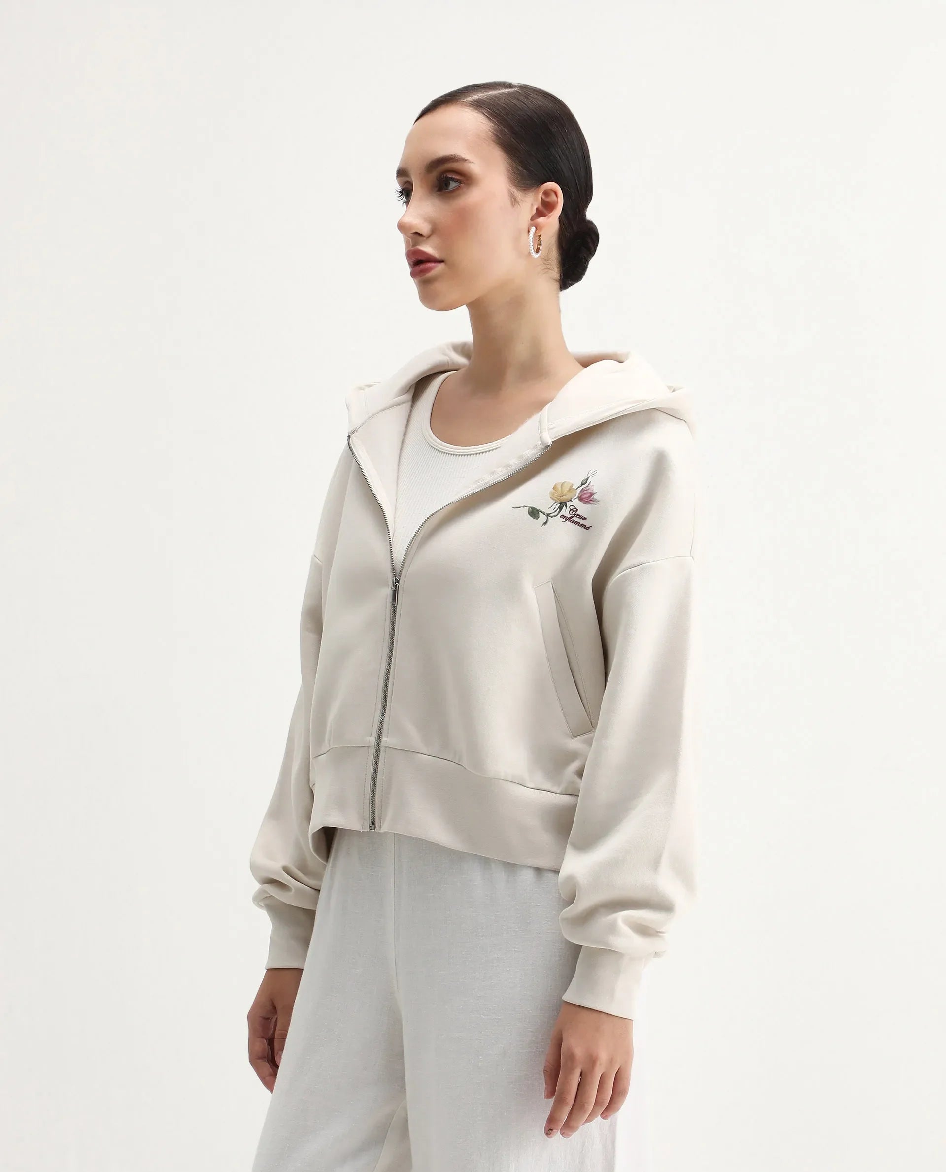 Rareism Women's Slio Light Beige Cotton Blend Hooded Oversize Fit Floral Print Sweatshirt