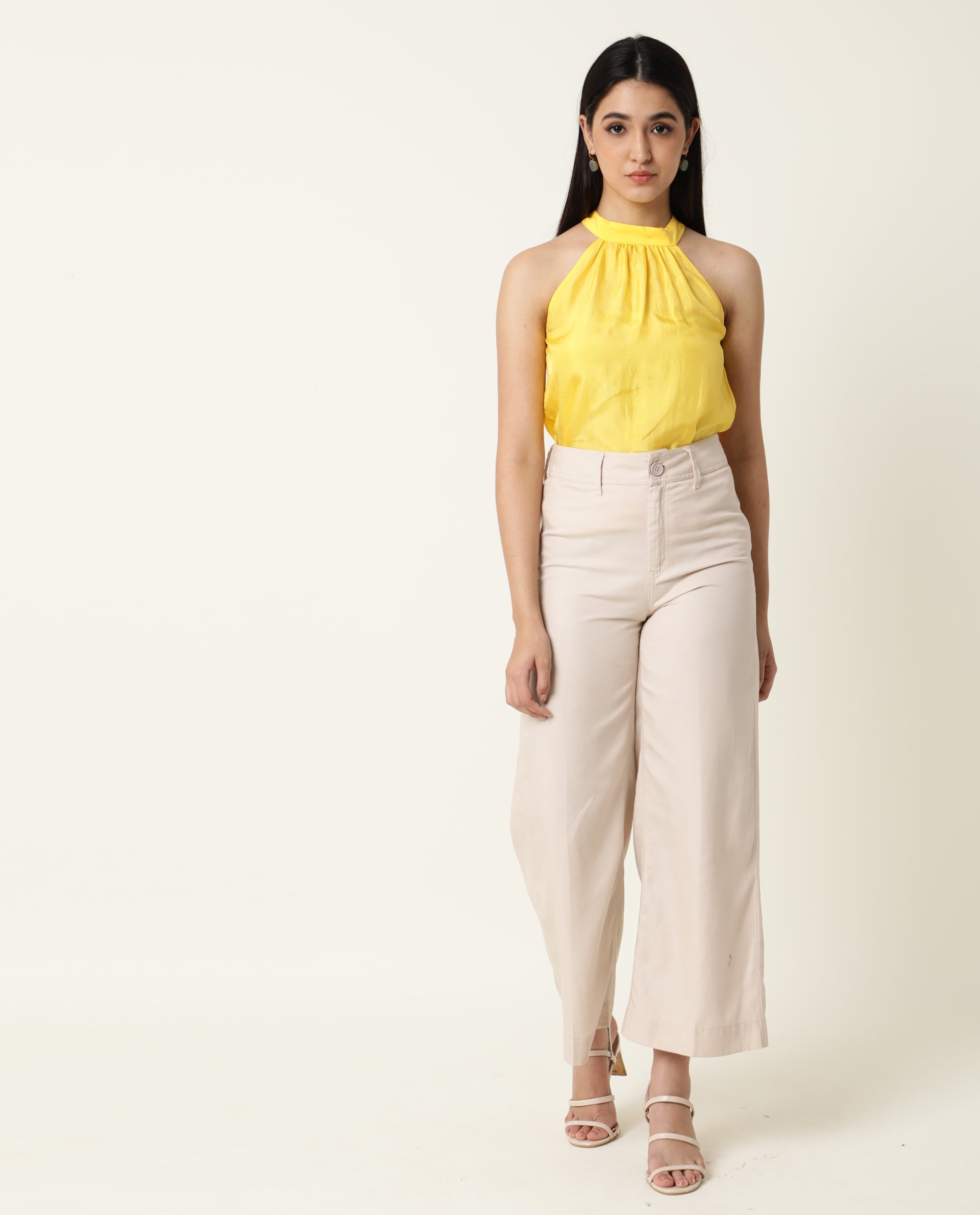 Rareism Women Sahano Yellow Poly Viscose Fabric Slim Fit Halter Neck Sleeveless Solid Top