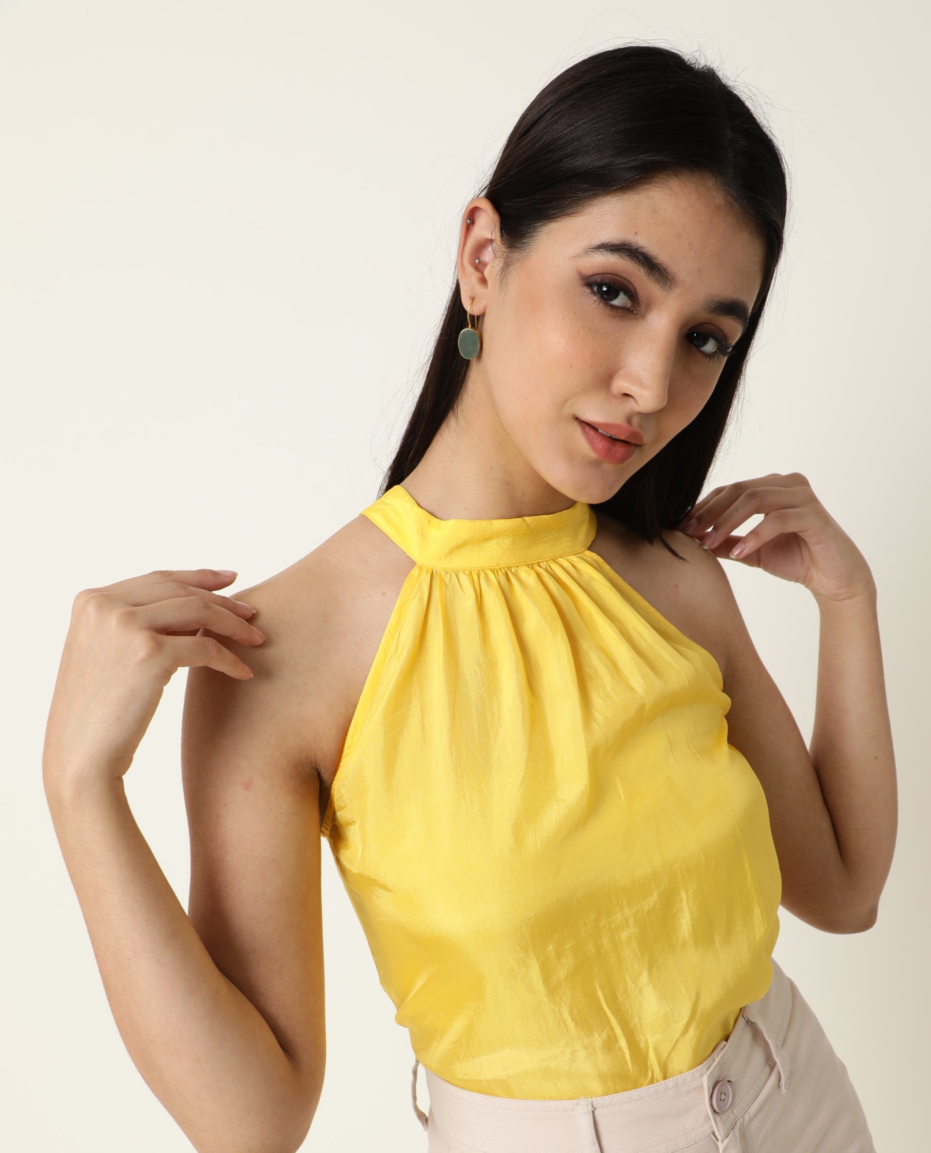 Rareism Women Sahano Yellow Poly Viscose Fabric Slim Fit Halter Neck Sleeveless Solid Top