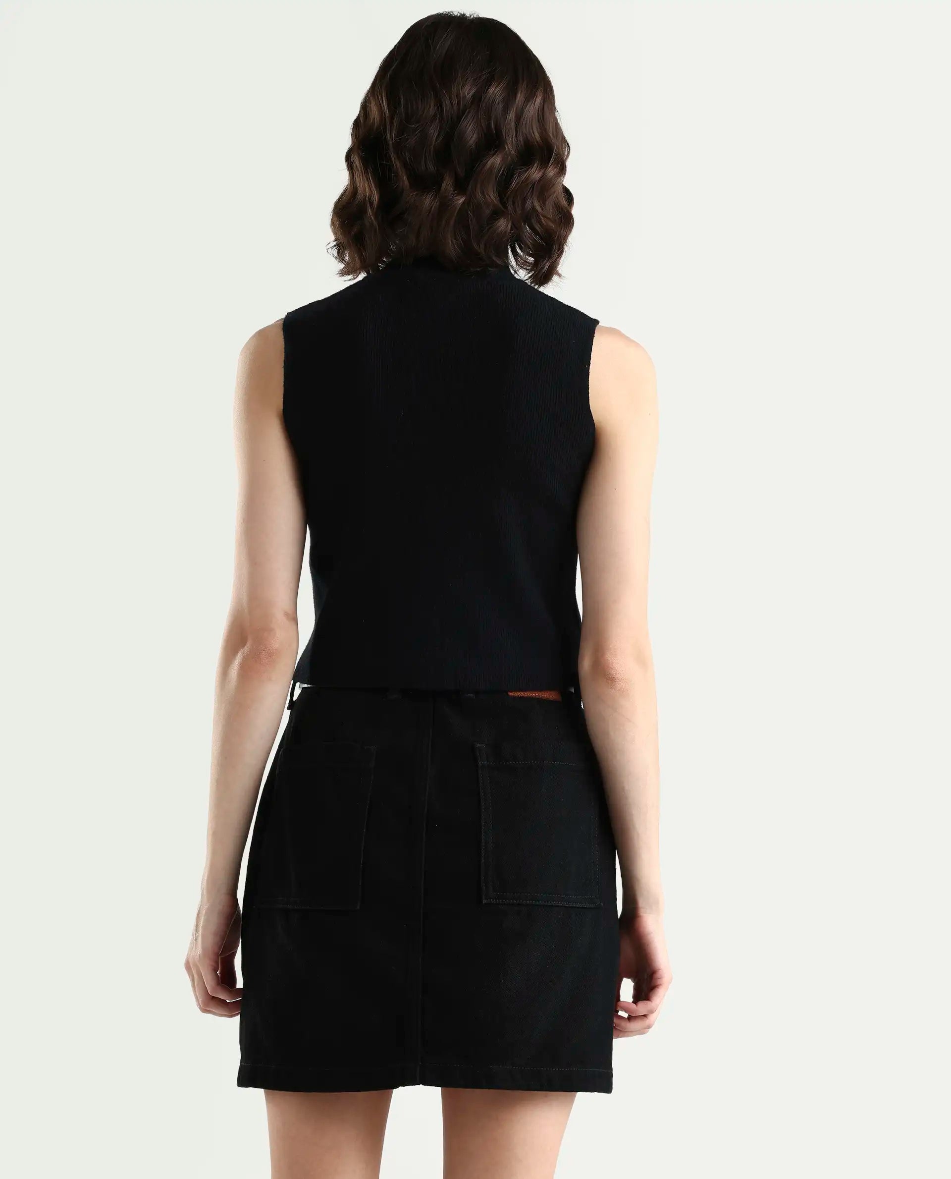 Rareism Women's Samo Black Viscose Blend Sleeveless High Neck Fitted Plain Top