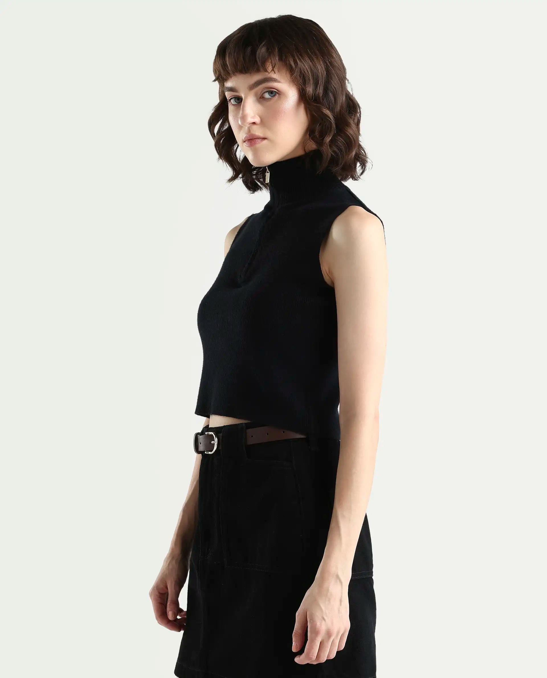 Rareism Women's Samo Black Viscose Blend Sleeveless High Neck Fitted Plain Top