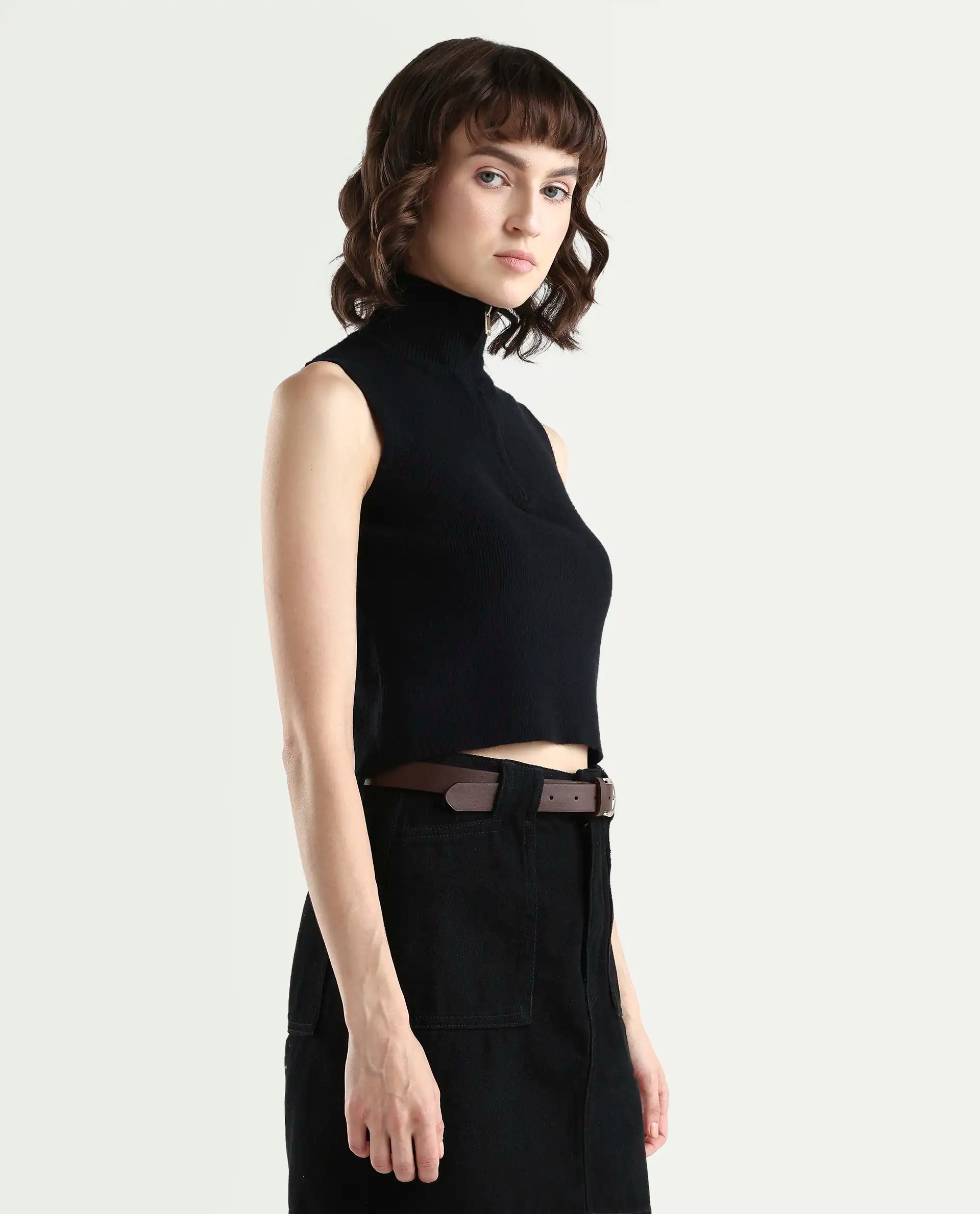 Rareism Women's Samo Black Viscose Blend Sleeveless High Neck Fitted Plain Top