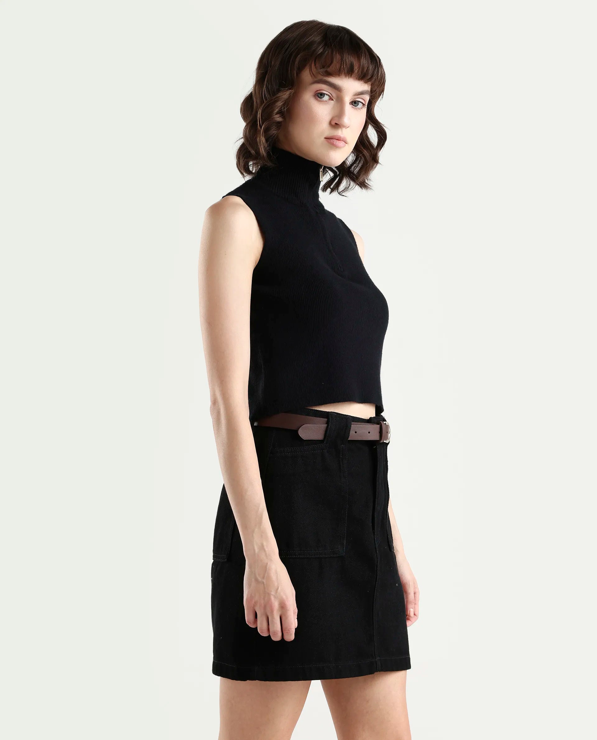 Rareism Women's Samo Black Viscose Blend Sleeveless High Neck Fitted Plain Top