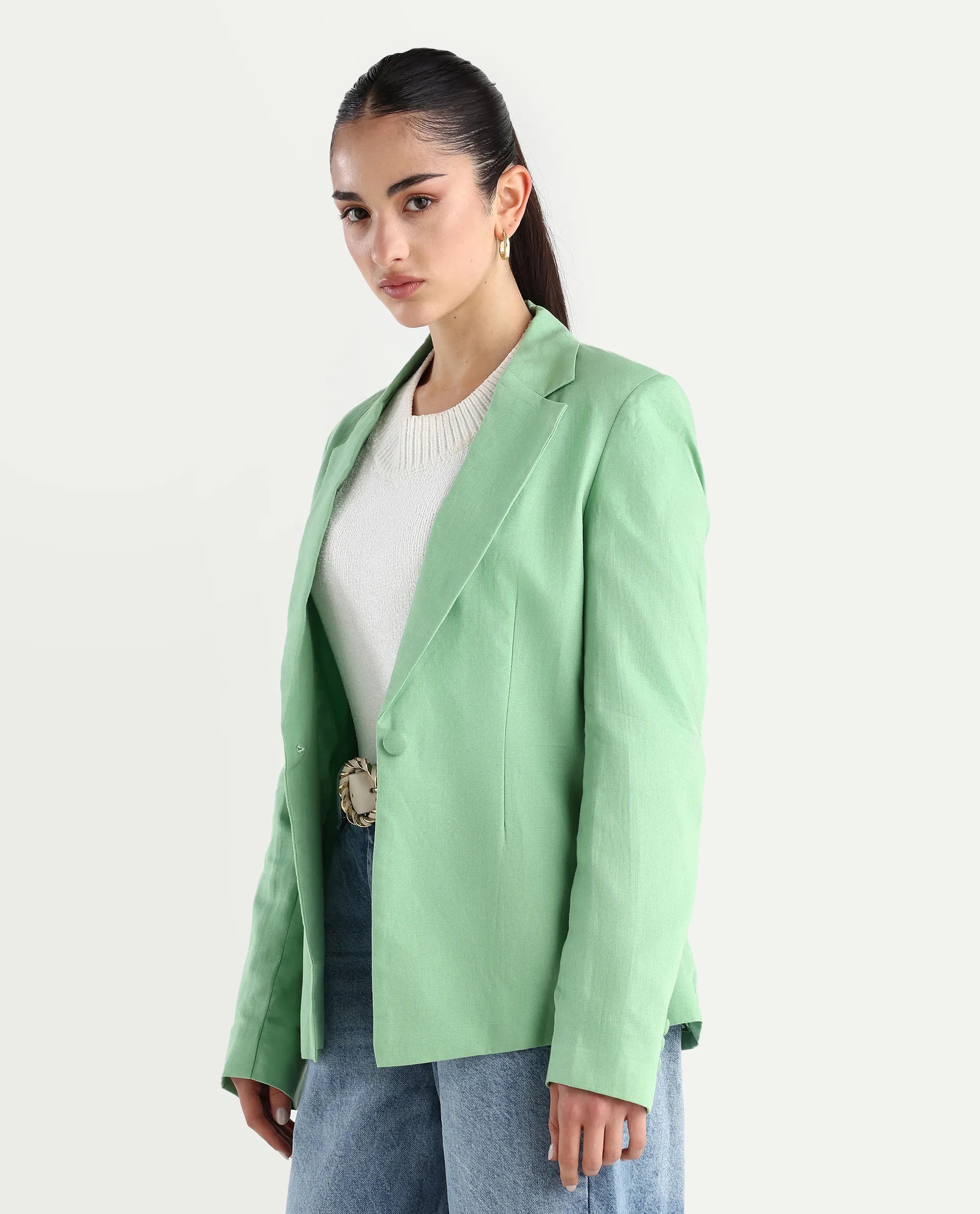 Rareism Women's Savriko Green Linen Lapel Neck Plain Regular Fit Blazer