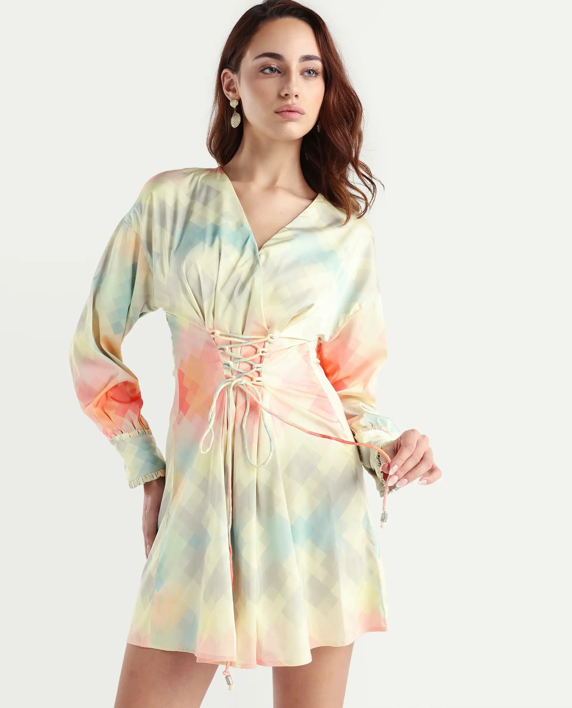 Rareism Women's Seattle Off White Modal Blend V-Neck Geometric Print Ruffled Sleeve Mini Regular Fit Dress